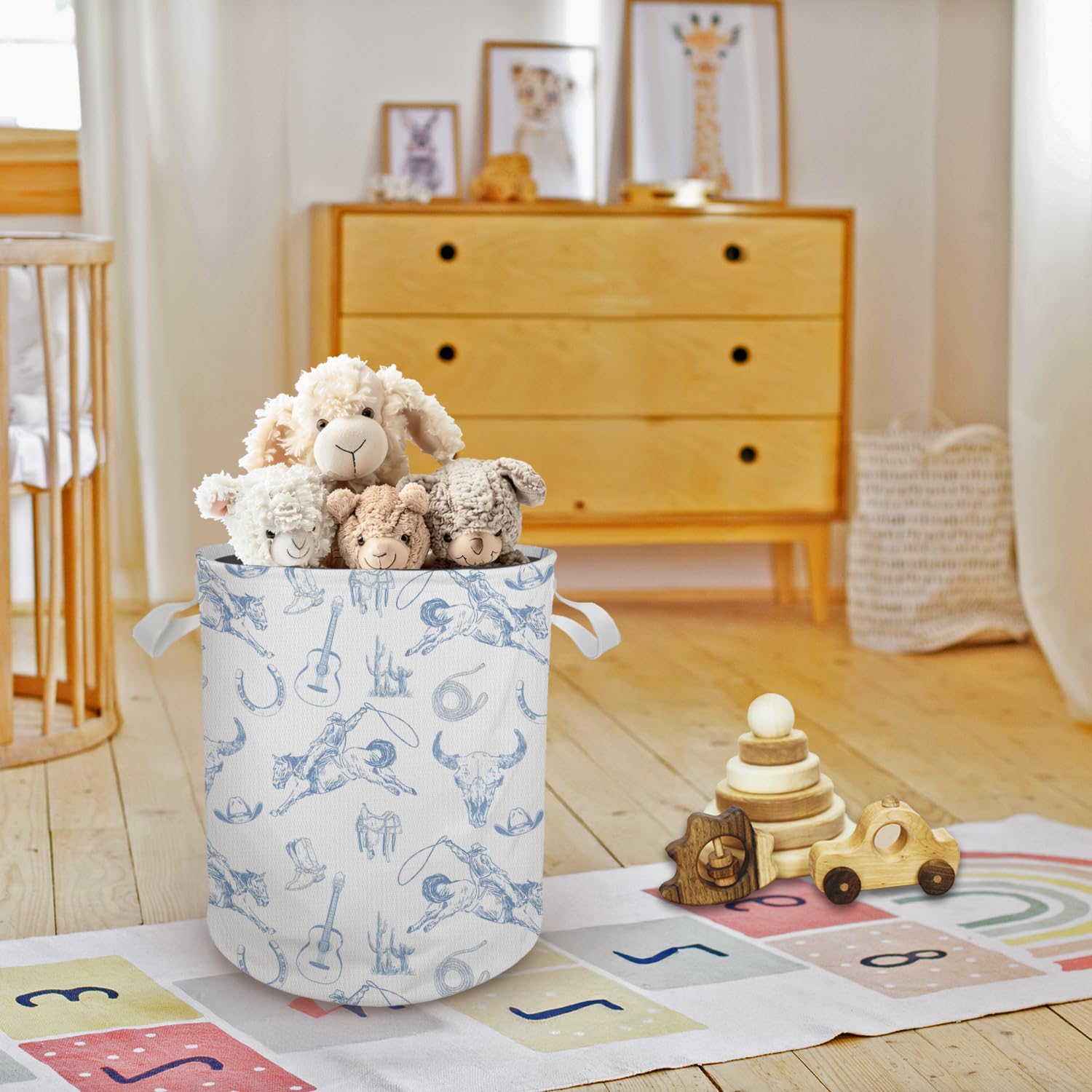 Blue and White Western Laundry Basket, Country Rodeo Cowboy Bull Skull Laundry Basket Hamper Waterproof Collapsible Clothes Toys Storage Bin for Bedroom Bathroom Kids Room, Toybox for Boys