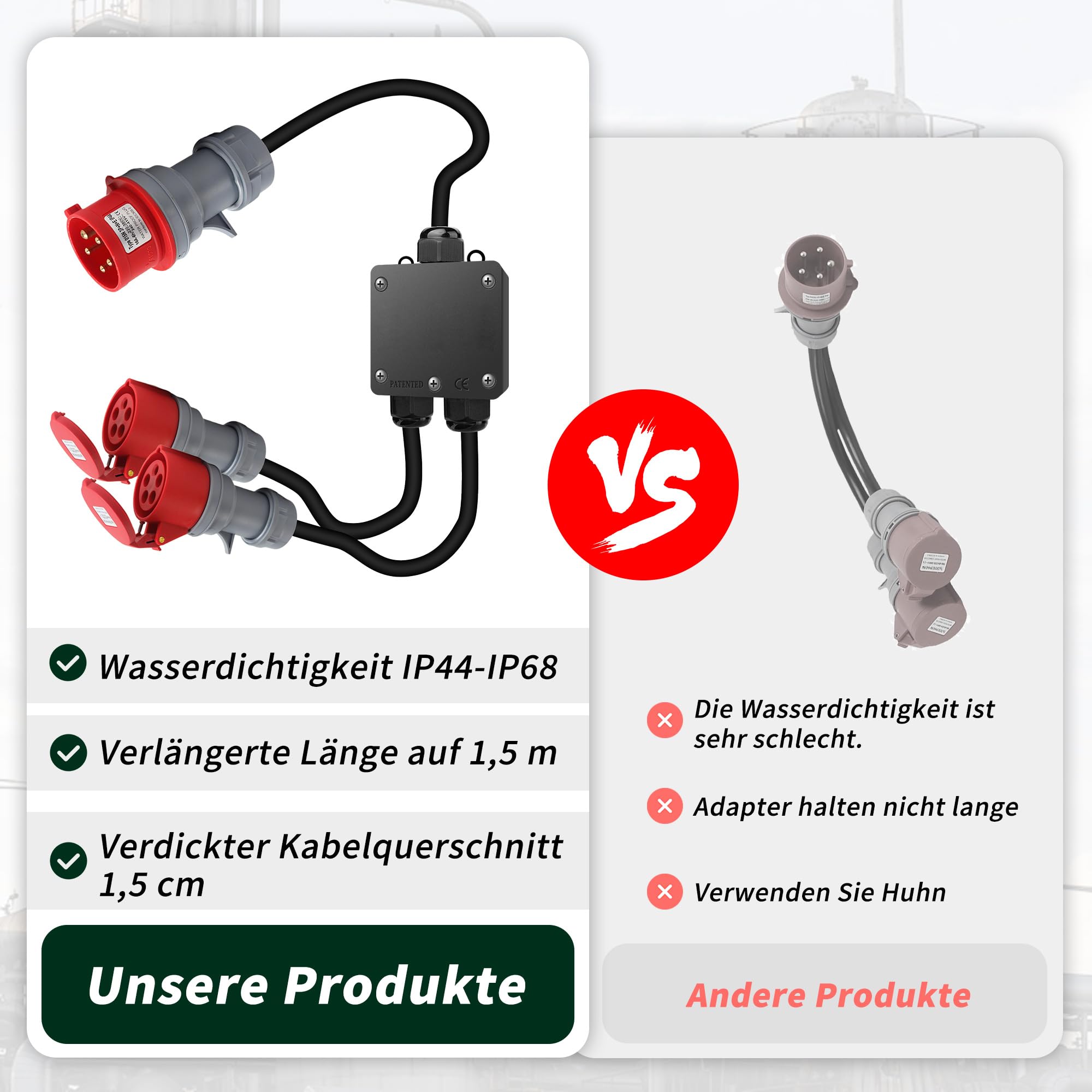 Adapter CEE 32 A na 16 A, 2 x wtyczka CEE 230 V 16 A, 5-biegunowy, przedłużacz 1,5 m, IP44-68, rozdzielacz prądu na kemping, na zewnątrz, do przemysłu, na plac budowy, do warsztatu