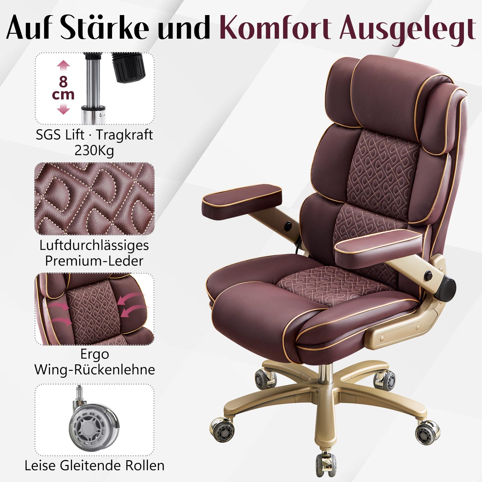 Bürostuhl, Chefsessel Ergonomisch bis 230kg, Big and Tall Schreibtischstuhl mit 5D-Armlehnen, Schwerlast Hoher Rücken mit Verstellbare Lendenstütze für Büro & Home Office, Leder Braun