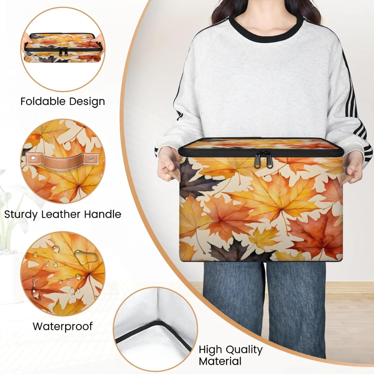 Storage Bin Set of 2 Maple Leaves Storage Basket with Zipper Lid & Handle Foldable Closet Shelf 2 Pack Cloth Organizer Basket Cube Bins Clothes Organizer for Nursery, Bedroom