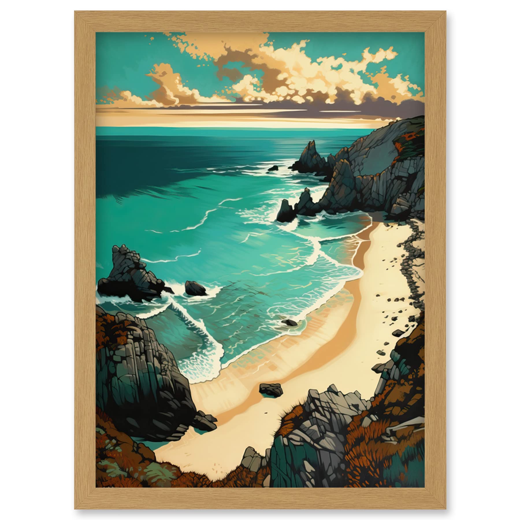 Artery8 Porthcurno Sandy Beach Cliffs Coastal Landscape Artwork Framed Wall Art Print A4