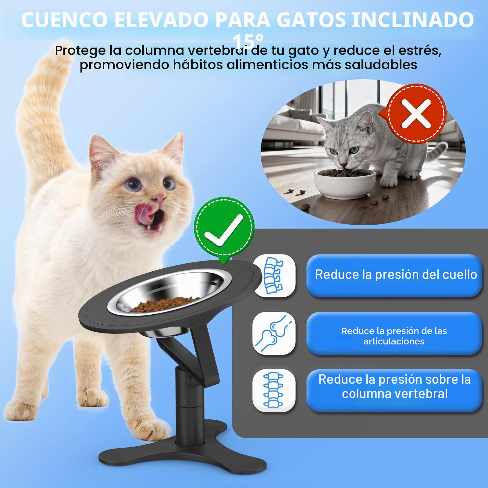 Comedero Gato Elevado Comederos para Gatos Inclinado 15° con Antideslizante Alfombrilla Altura Ajustable Cuenco Gato Antivómitos para Gatos y Perros Pequeño