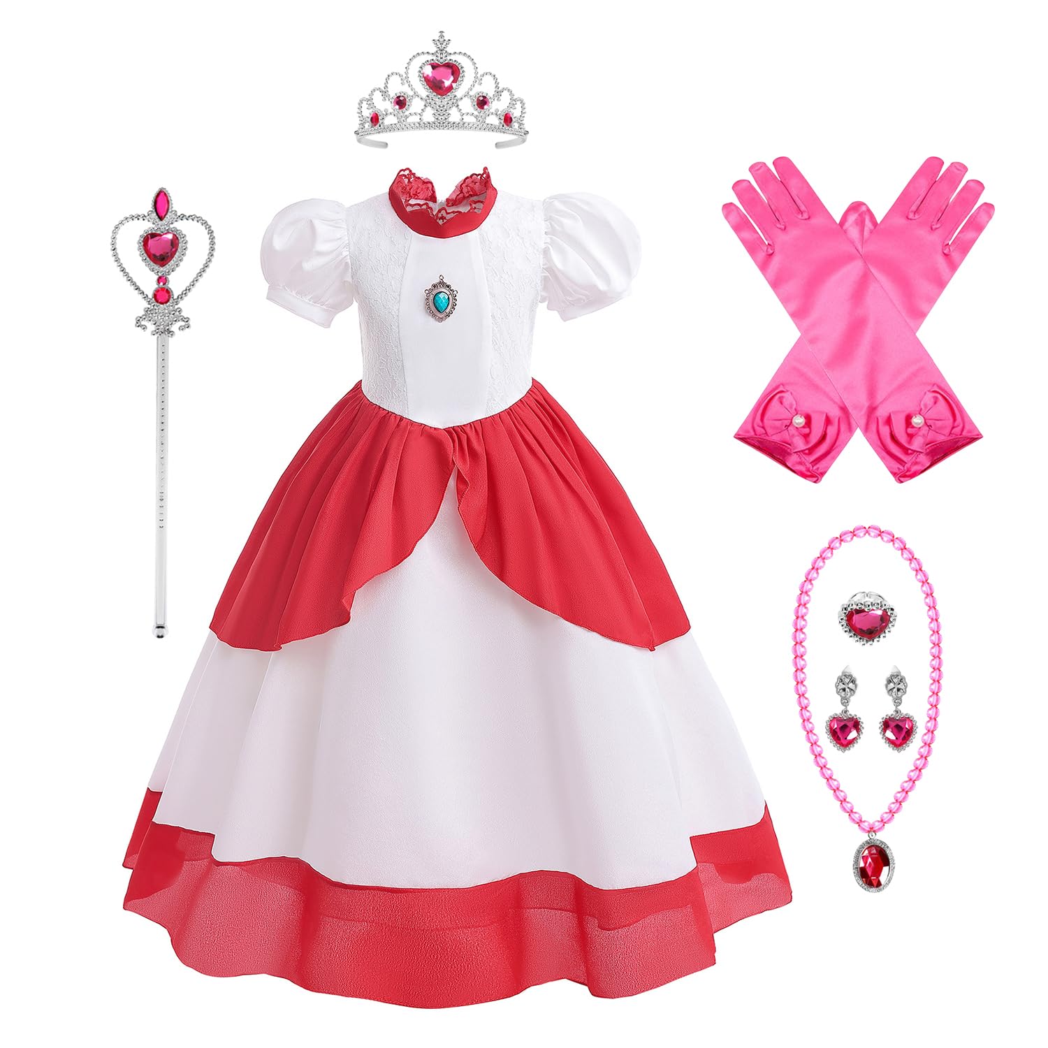 Monissy Niña Costume Super Mario Princesa Peach Disfraz 3-8 Años Varita Mágica Diadema Regalo Cumpleaños Reyes Vestido para Cosplay Navidad Fiesta Carnaval Manga Corta