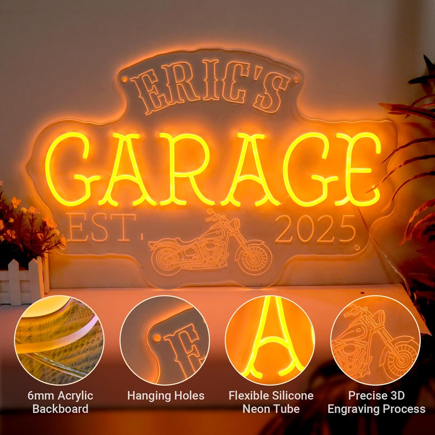 Custom Garage Neon Sign, Large Personalized LED Light Up Name Signs for Garage Decor, Custom Workshop Wall Lights for Man Cave Repair Shop Carport Business Gift for Men Dad, 14"-50"