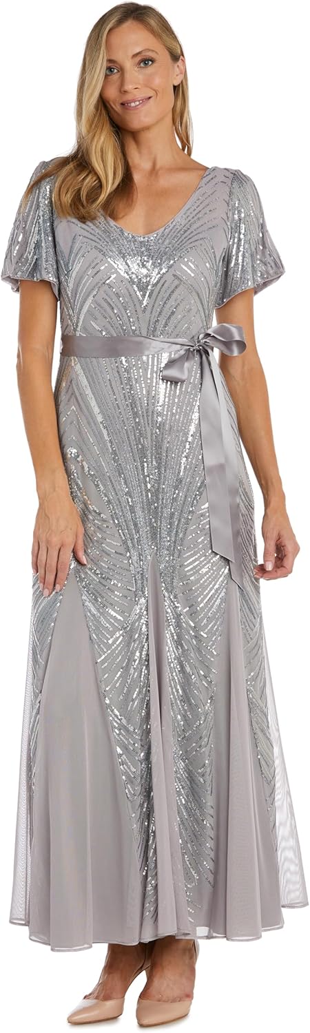 R&M Richards Long Sequined Panel Dress W/V-Neck & ¾ Sleeves