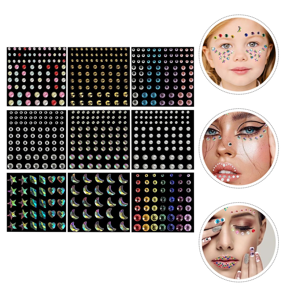 Healeved 4 Set Adesivo Con Gemme Per Il Viso Catena Liquido Gioielli Per Il Viso Adesivi Per Decorazioni Facciali Ciondoli Scintillanti Evidenziatore Tavolozza Festival Acrilico 9 Fogli*4