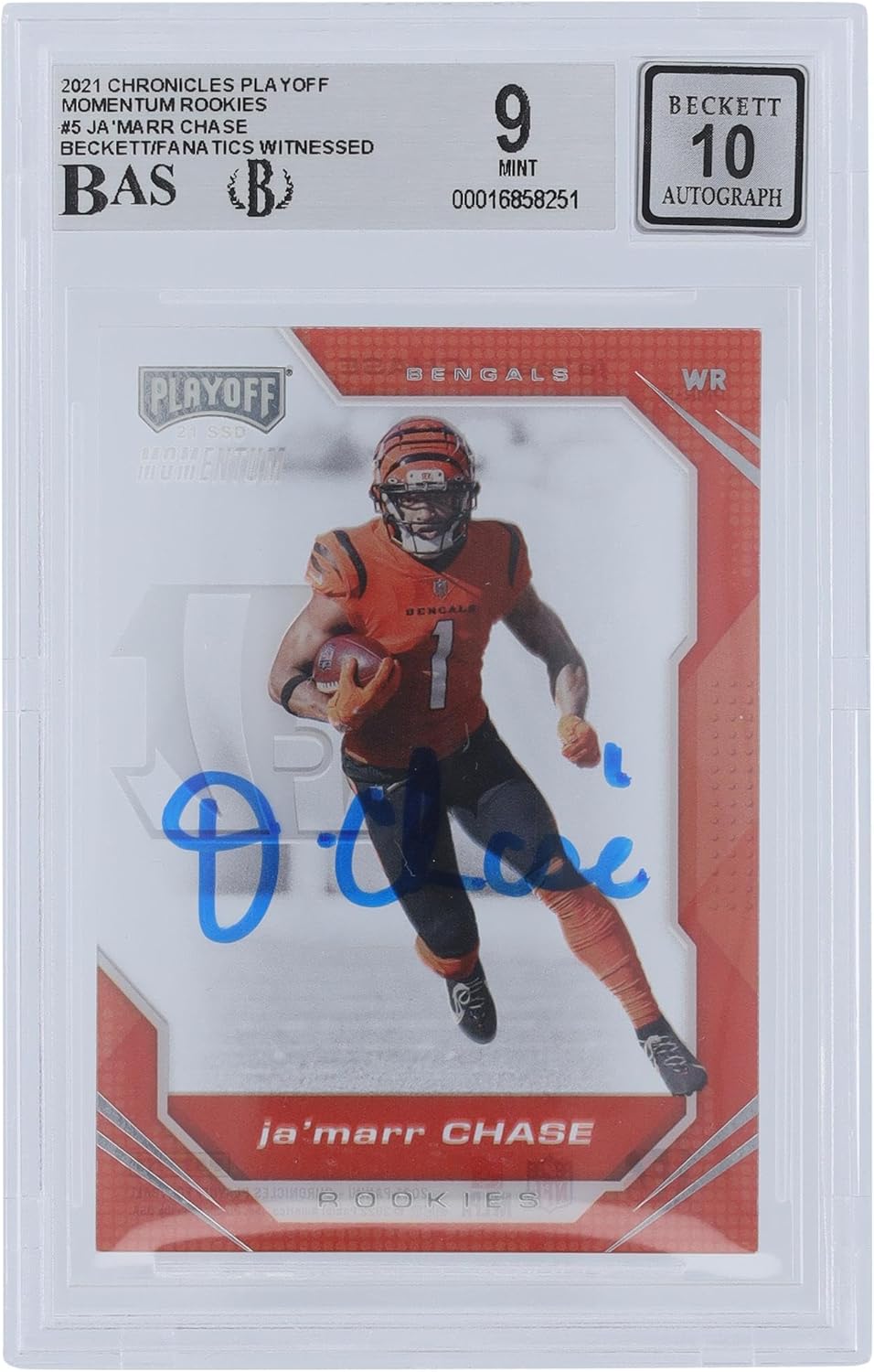 Ja'Marr Chase Cincinnati Bengals Autographed 2021 Panini Playoff Momentum #PMR-5 Beckett Fanatics Witnessed Authenticated 9/10 Rookie Card - Football Slabbed Autographed Rookie Cards