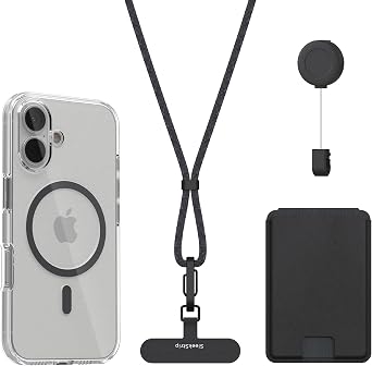 SleekStrip Clear Mag.Safe Case for iPhone 16 + Black Magnetic ID/Card Holder & Lanyard Set