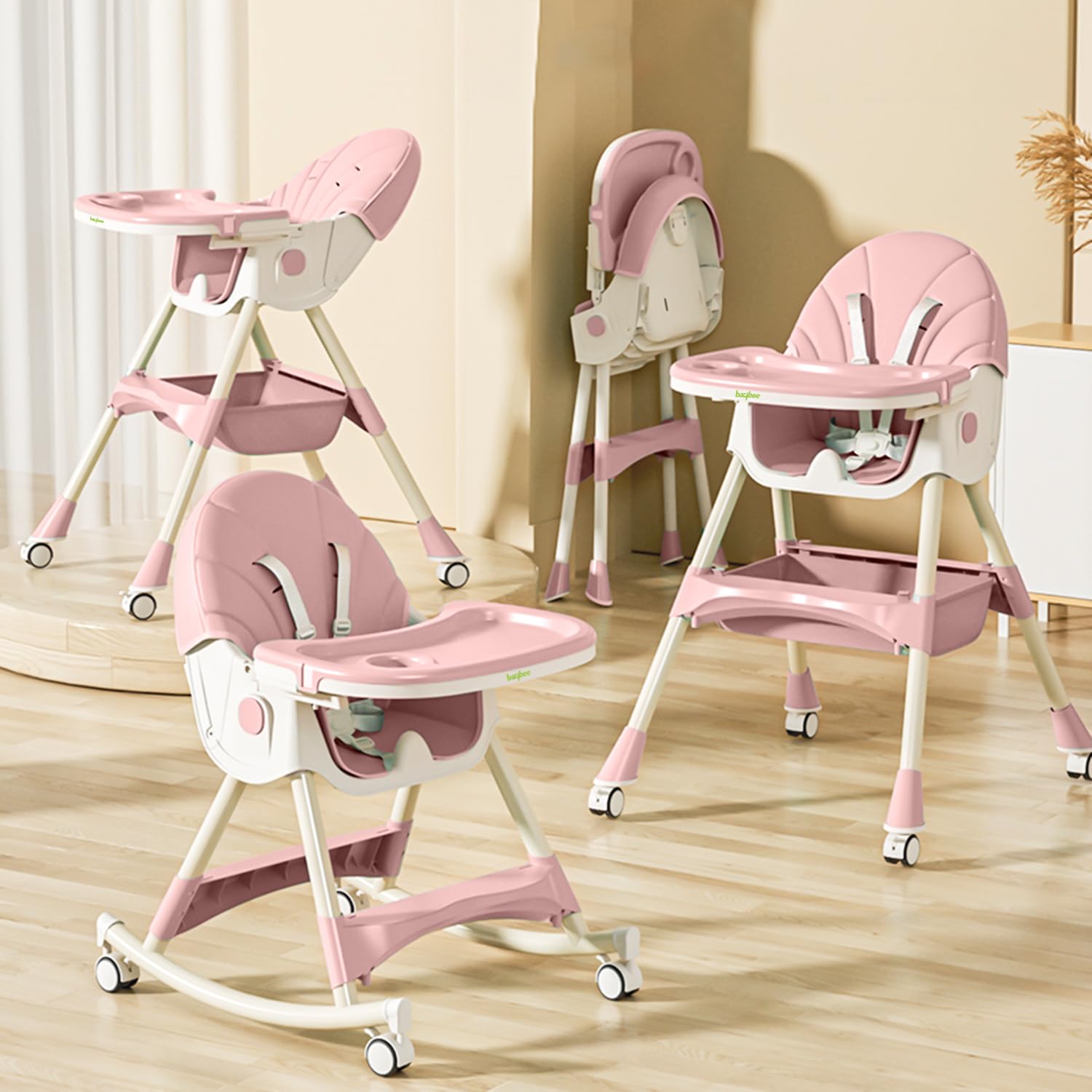 4-1 Baby High Chair,Convertible Baby Rocking Chair,Foldable Infant Dining Chair|360 Wheels Kids Feeding Chair, Adjustable Height,Recliner Chair & 3 Gears Food Tray for Toddlers (Pink)