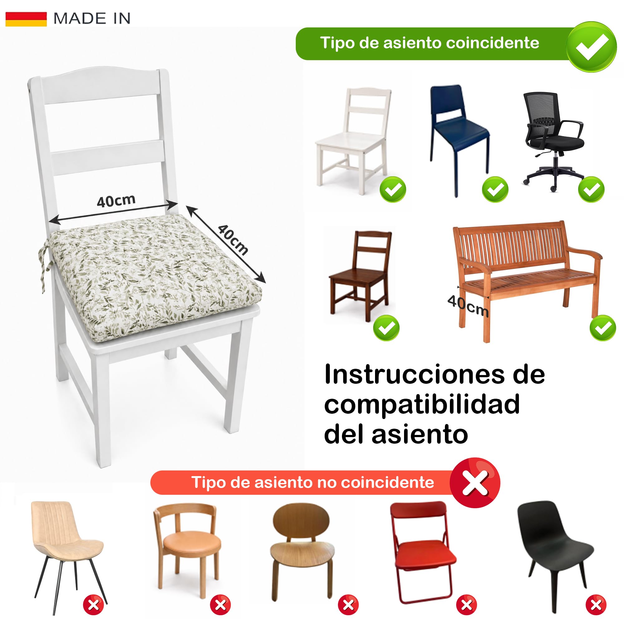 Viste tu hogar Pack 6 Cojines Silla Exterior 40x40cm, Tela Alta Densidad, 50% algodón 50% Poliéster, Impermeables, Resistentes UV Y Desgarro, Lazos De Sujeción,Hoja Gruesa Verde,Fabricado En España