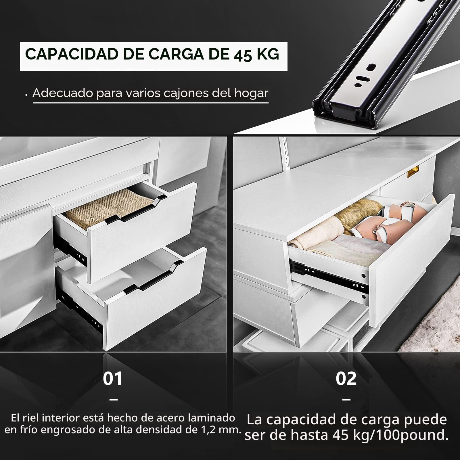 AOLISHENG Guias Correderas Para Cajones 200mm Rieles Para Cajones Extensión Completa 45 KG Capacidad Carga Guías Laterales Para Cajones Con Rodamiento de Bolas 1 par (2 piezas)