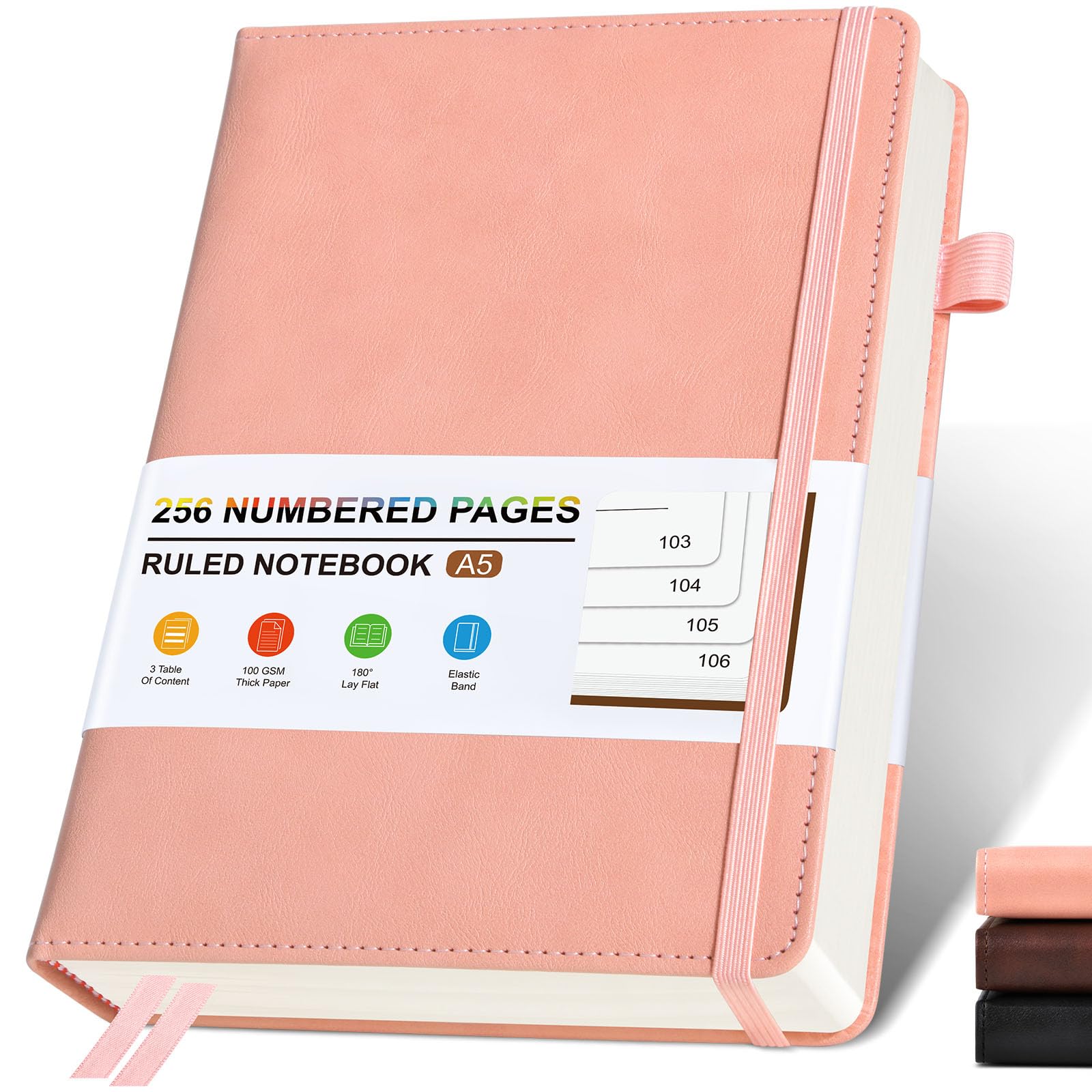 Lined Leather Journal Notebook for Women Men, Hardcover Journals with 256 Numbered Pages, A5 Journaling Notebooks for Writing, 100GSM Thick Ruled Paper for Business Work School 5.75"×8.38", Pink