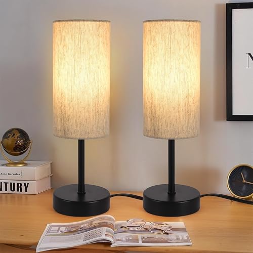 Paquete de 2 lámparas de mesa pequeñas para dormitorio, lámparas de noche para mesita de noche con interruptor de cable, lámparas de escritorio