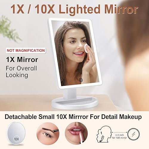 Vista 11 de Espejo de maquillaje iluminado con 21 luces LED, con pantalla táctil atenuante y 10 aumentos de claridad, extraíble, con doble fuente de Oro rosa