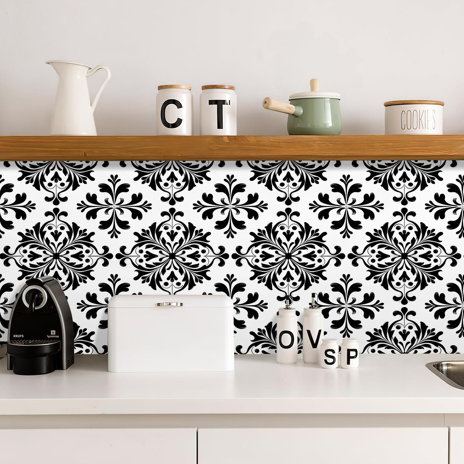 10 azulejos de vinilo retro de 12 x 12 pulgadas, diseño retro de damasco blanco y negro para despegar y pegar, calcomanías de suelo extraíbles e impermeables para baño, entrada, cocina, bar