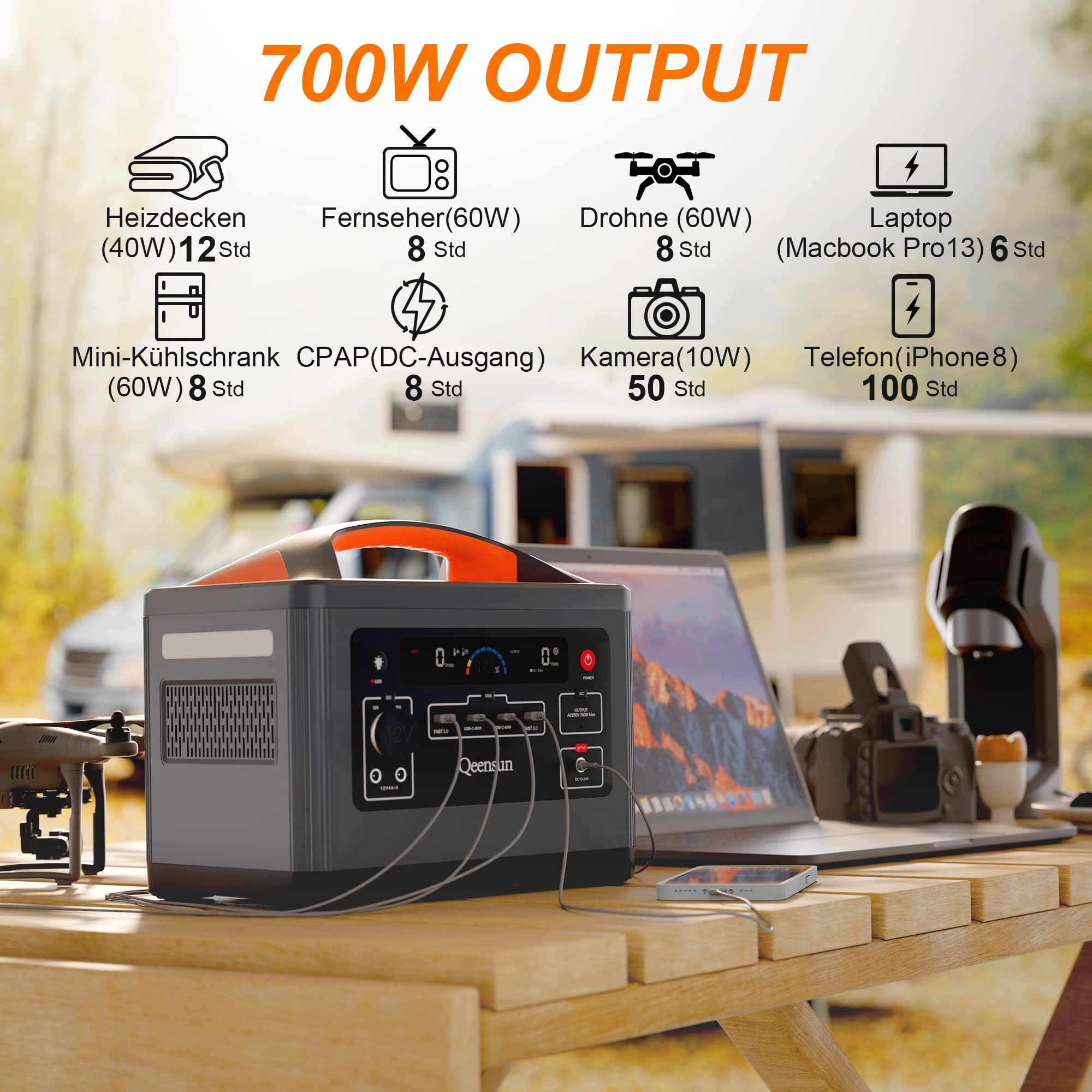 Przenośna stacja zasilająca, generator solarny 537,6 Wh z czystą falą sinusoidalną, mobilne zasilanie z LiFePO4, 700 W AC do zasilania awaryjnego, samochodu, na kemping, do domu (panel słoneczny)