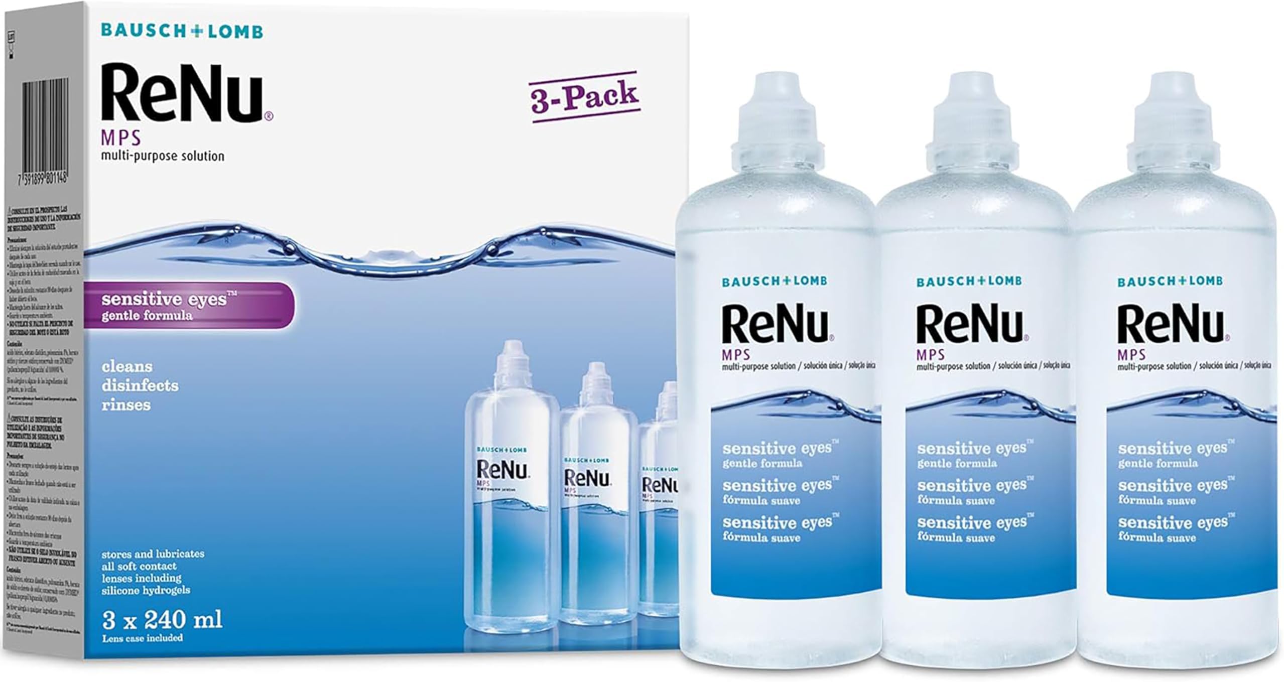 ReNu Multi-Purpose Contact Lens Solution 3 x 240 ml - Soft Contact Lenses for Comfortable Wear - Gentle on Sensitive Eyes - Clean, Disinfect, Rinse, Lubricate and Store your Lenses, Lens Case Included