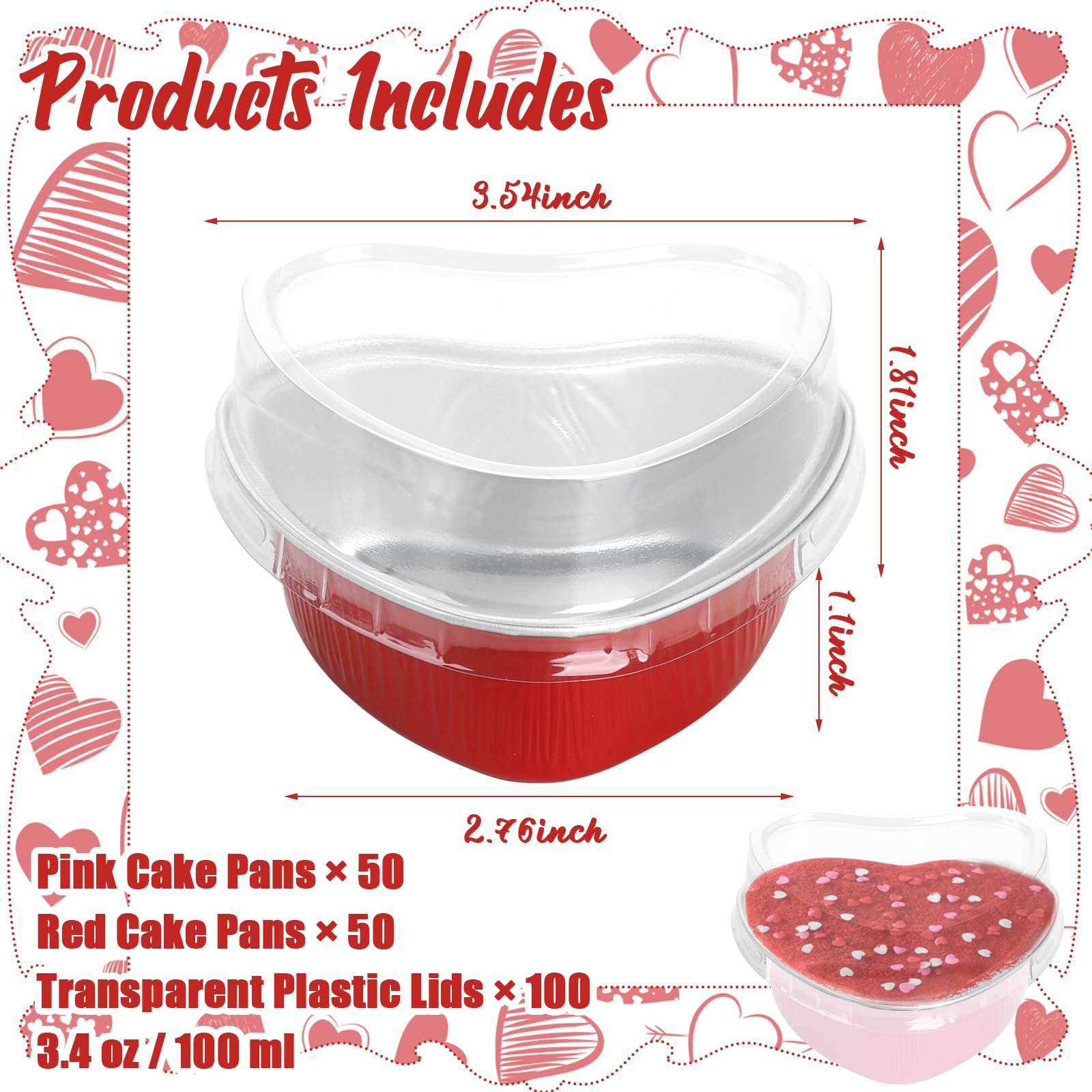 100 moldes para tartas en forma de corazón con tapas, mini moldes de papel de aluminio para hornear cupcakes de 3.4 onzas, recipientes desechables en forma de corazón para el día de San Valentín, día