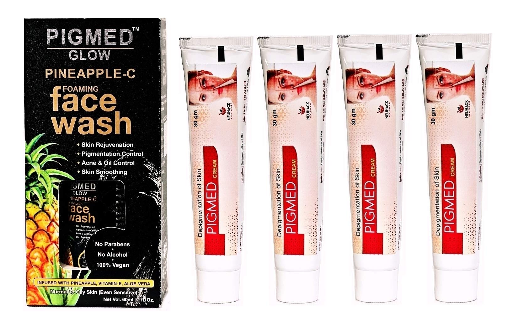 NeuhackPigmed depigmentation herbal face cream(Pack of 4) & Pigmed Foaming Face Wash cleanser(60ml) Combo for dark spots, blemish, marks, scars| Paraben & SLES Free