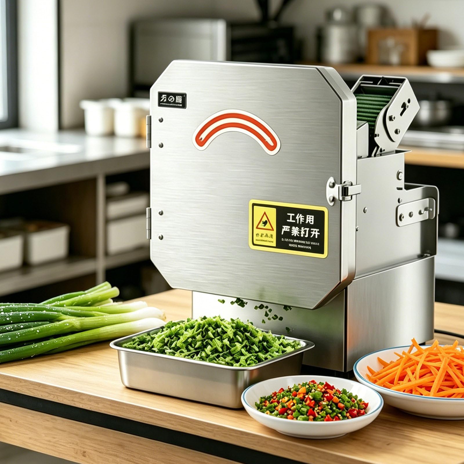 SOTIKARERY 200W Stainless Steel Heavy Duty Electric Slicer, Automatic Scallion Chopper 150kg/h, Vegetable Cutter 700 RPM Adjustable Thickness, 70mm Feed for Catering Kitchen - Commercial