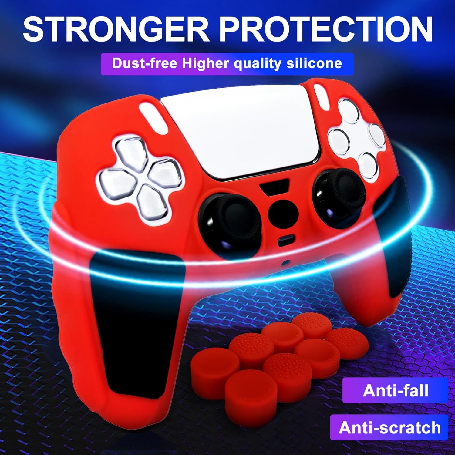Anti-Slip Red PS5 Controller Skin,Soft Thicken Studded Protective Silicone Cover Skin Grips Compatible with PS5/Slim/Pro Controller and 8 PCS Thumb Grips Caps. - Image 7
