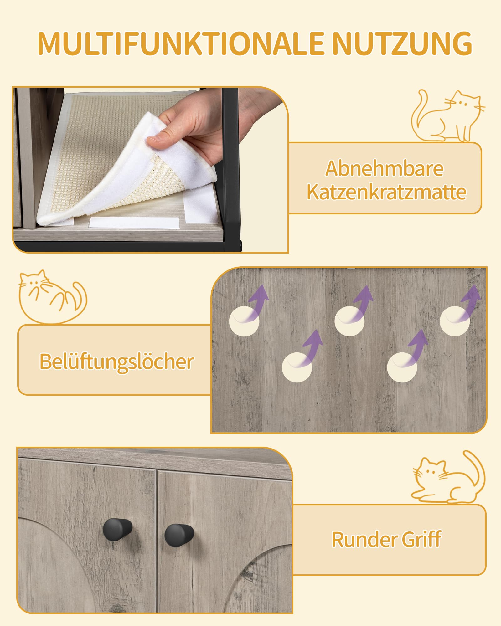 Hzuaneri Kratzbaum mit Katzenklo-Schrank, Katzenschrank, 4-in-1 Modernes Katzenhaus mit Großer Plattform, Katzenhaus mit Sisal-Kratzmatte, Pfosten, Treppe und Pompom, Waschbare Kissen, Greige CB81005B