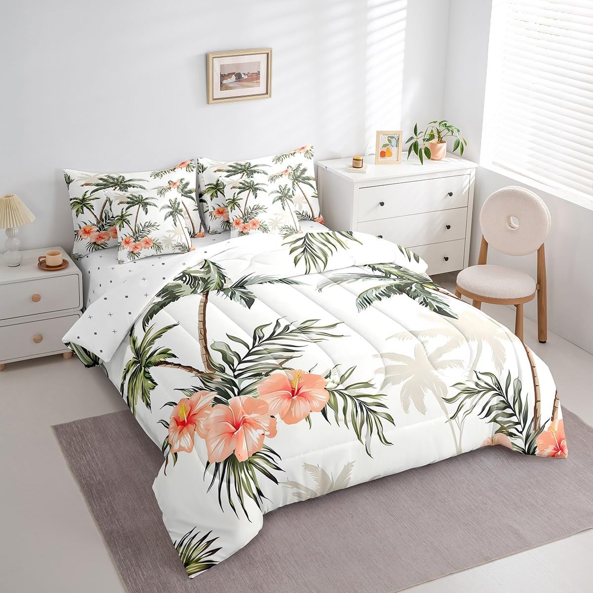 Coconut Trees Queen Bedding Set 7 Pieces,Tropical Plant Comforter Sets for Boys Girls,Flowers Bedding Comforter Sets with 1 Comforter,2 Pillowcases,2 Pillow Covers,1 Flat Sheet,1 Fitted Sheet