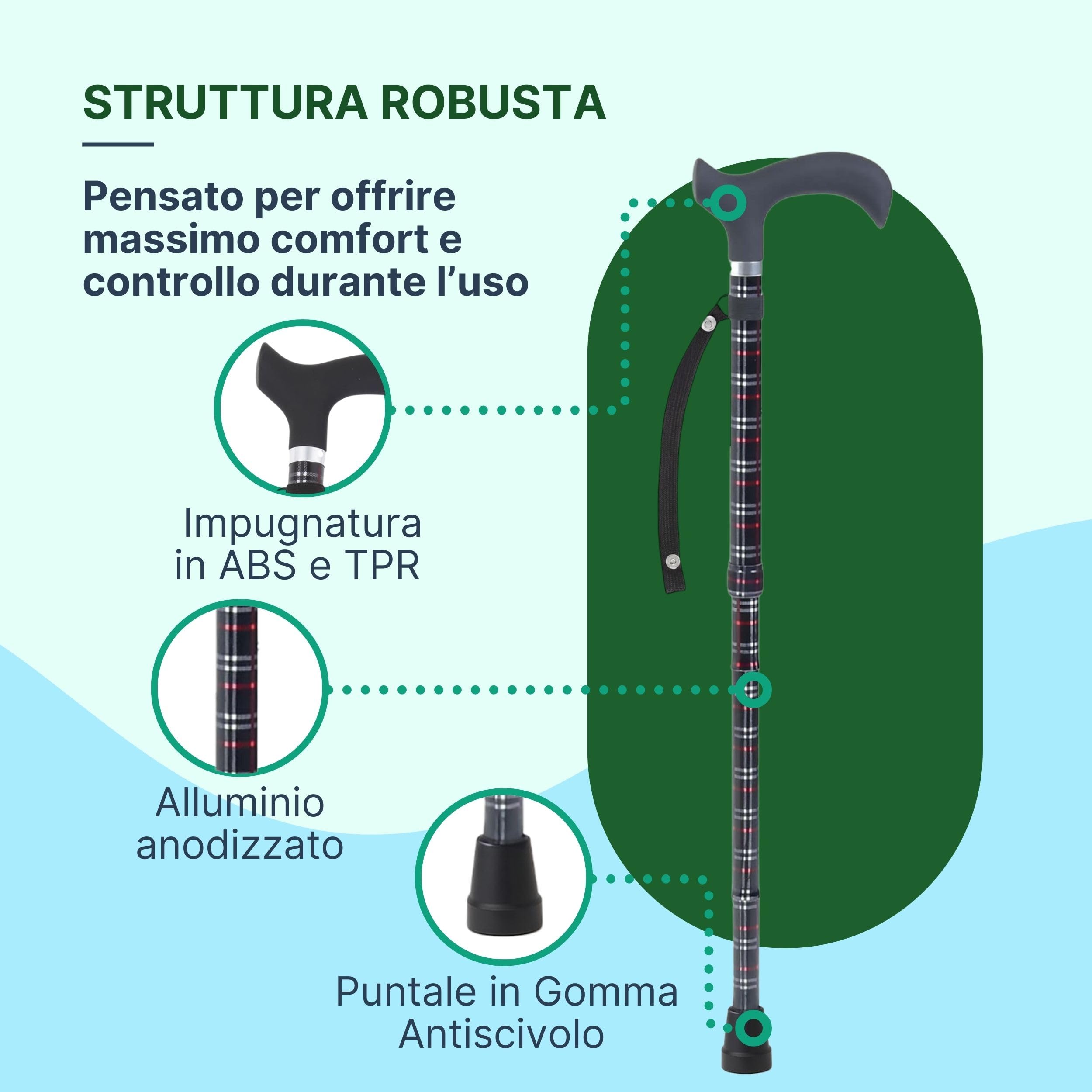 Bastone per Anziani Pieghevole in Alluminio Anodizzato con Impugnatura Derby Morbida, Bastone da Passeggio Regolabile H. 83-95 cm