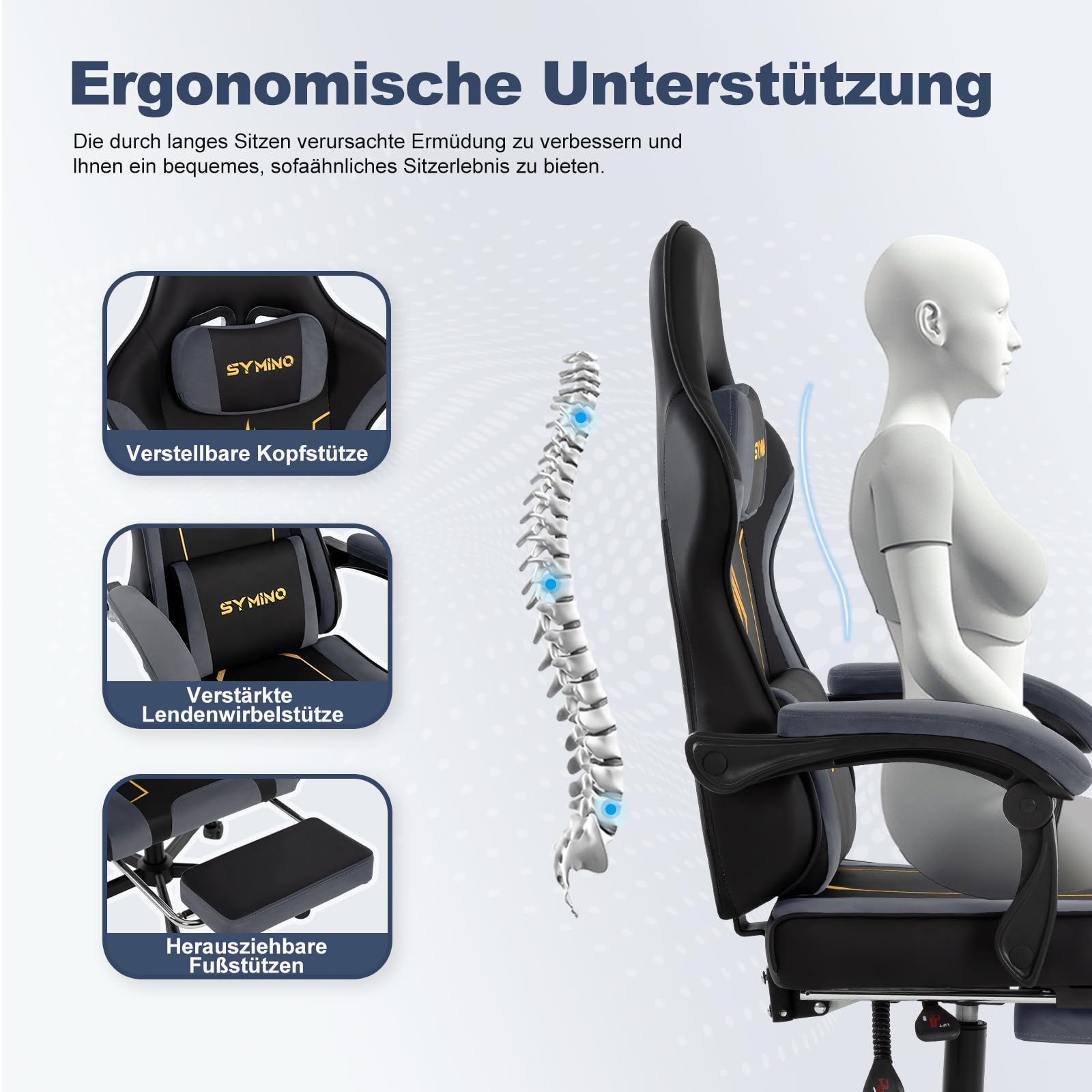 Symino Silla Gaming Ergonómica con Asiento de Látex – 150 kg, Reclinable con Reposapiés, Soporte Lumbar, Giratoria 360° para Oficina y PC