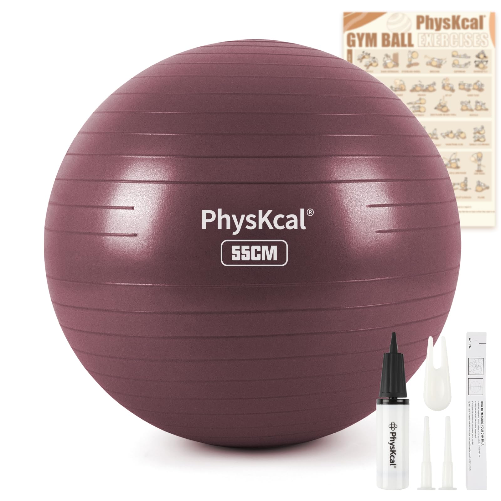 PhysKcal 55 cm Plum Gym Ball for Exercise with Exercise Sheet and Pump