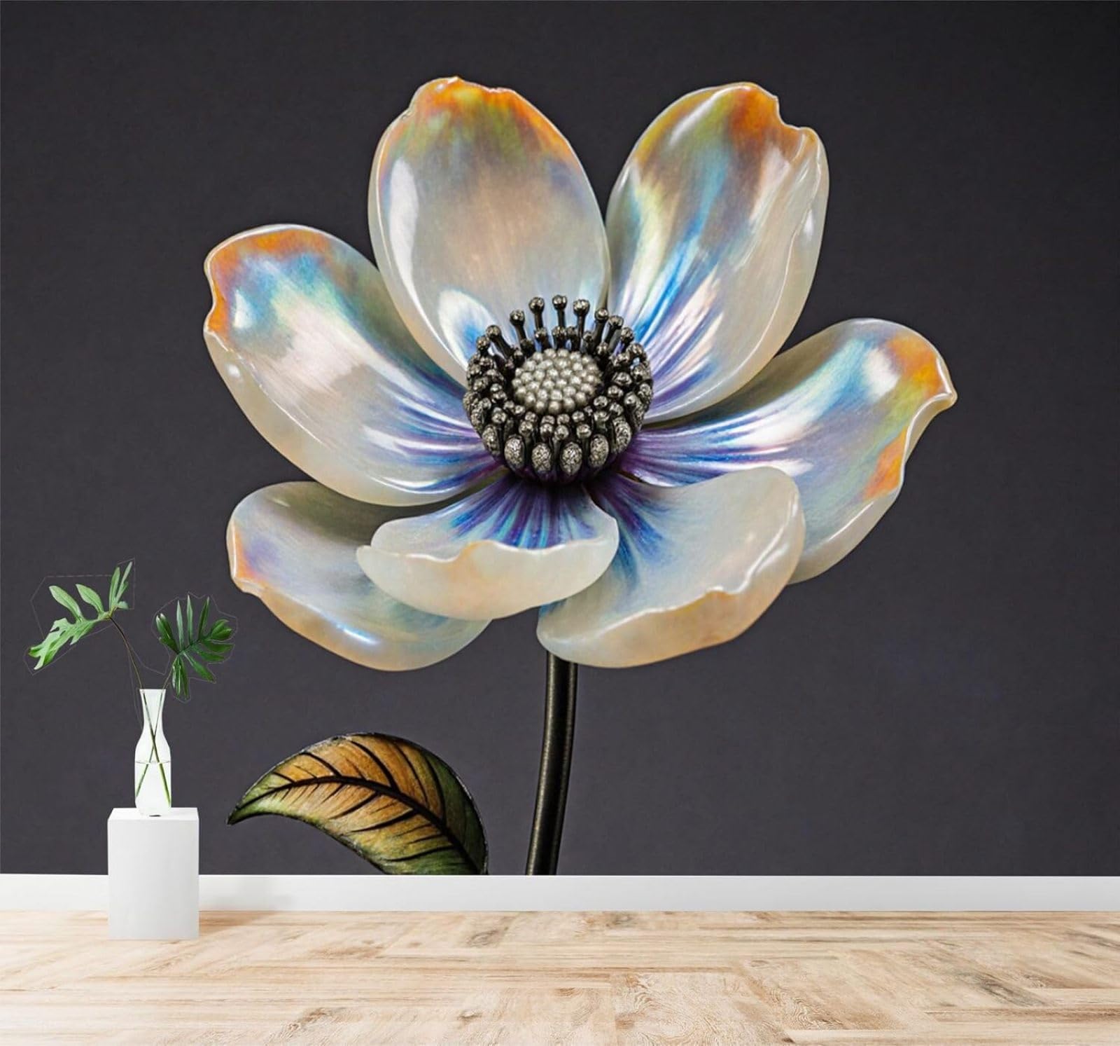 Xlming 300Cm×210Cm(B×H) Minimalist Three Dimensional Creative Metallic Petals Flowers 3D Wallpaper Silky Texture Home Study Office Grey Dining Room Sofa Bedroom Living Room Tv Backdrop-300Cm×210Cm