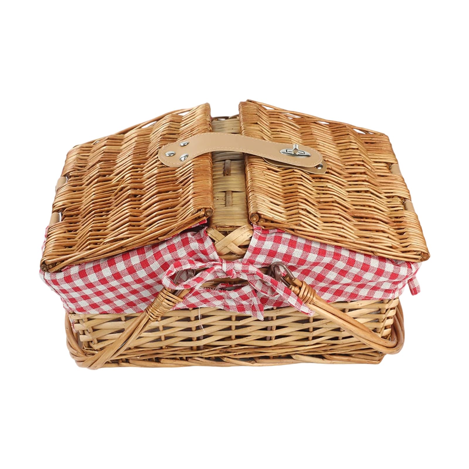 Tsophreniq Red Check Fabric Rattan Storage Basket With Handle Perfect For Picnics Organizing And Home Decoration Breathable Camping Gear Planner