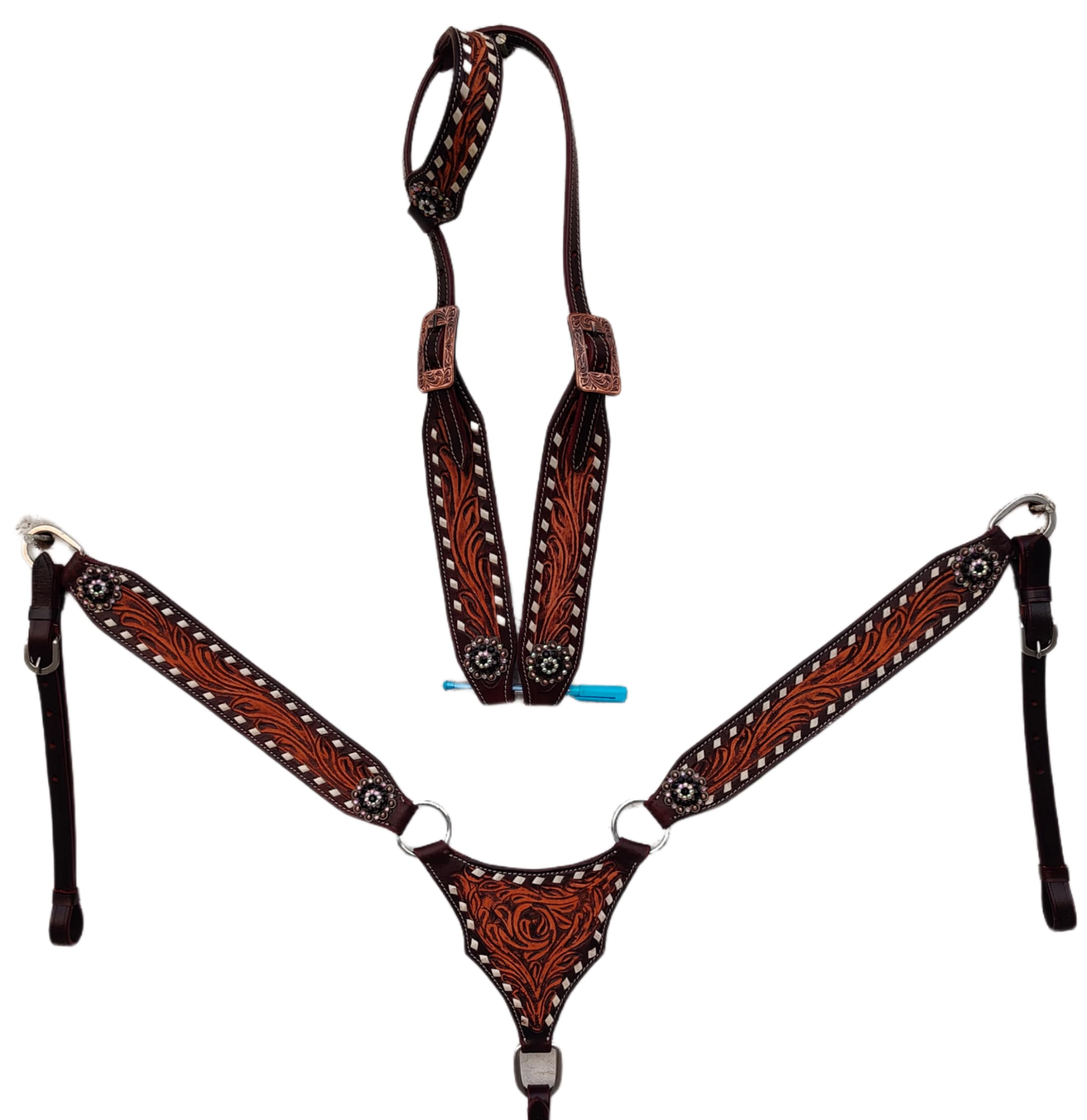 Western Tack Set Pferd – Werkzeug Weißer Buckstitch Gladiator Design | Halfter und Brusthalsband | Leder Reitzaumzeug für Barrel-Rennen, Rodeo & Show