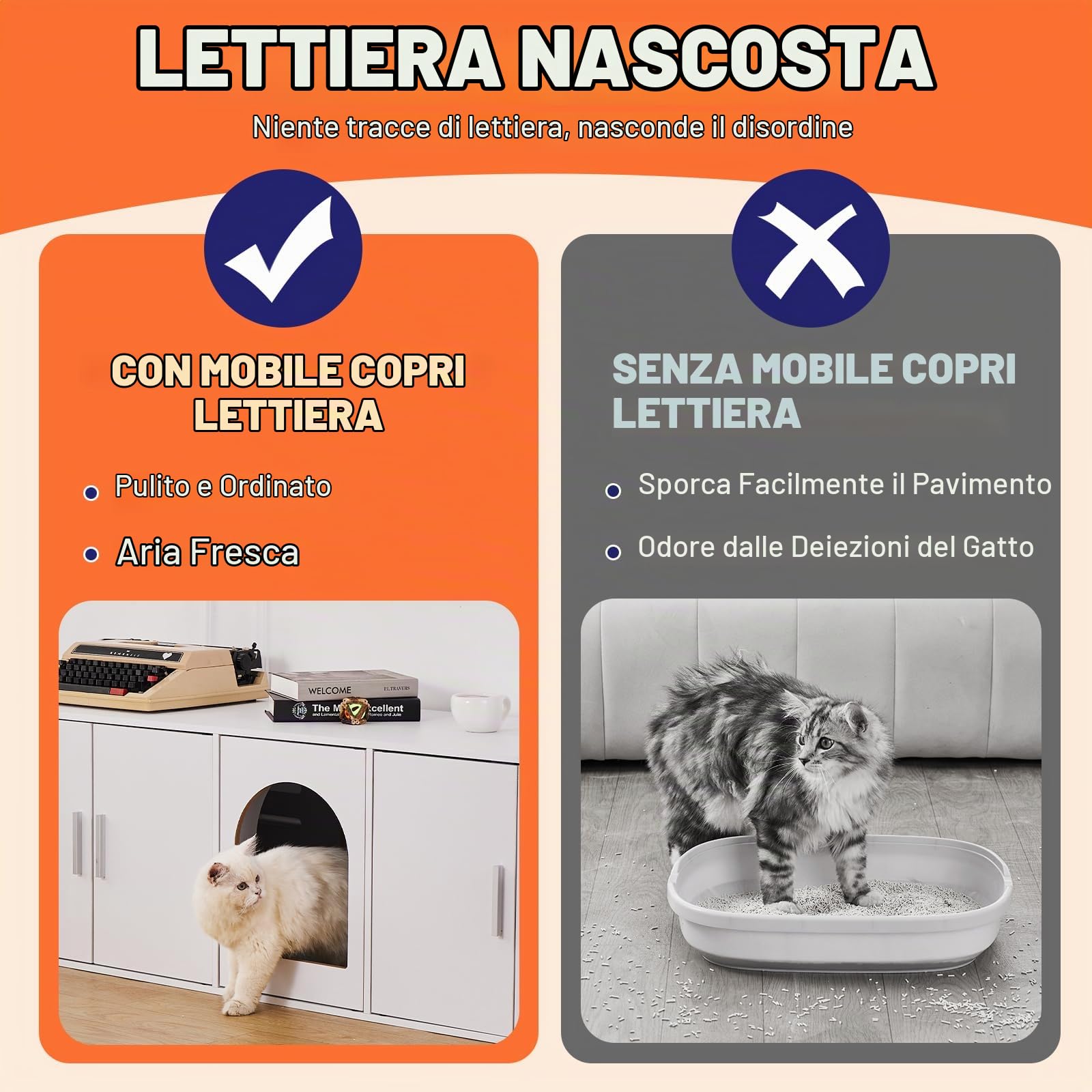 VEVOR Copertura per Lettiera per 2 Gatti, Toilette con Camere Doppie, Armadietto in Legno, Mobiletto per Soggiorno Copri Lettiera 1,47x0,46x0,45 m, Bianco