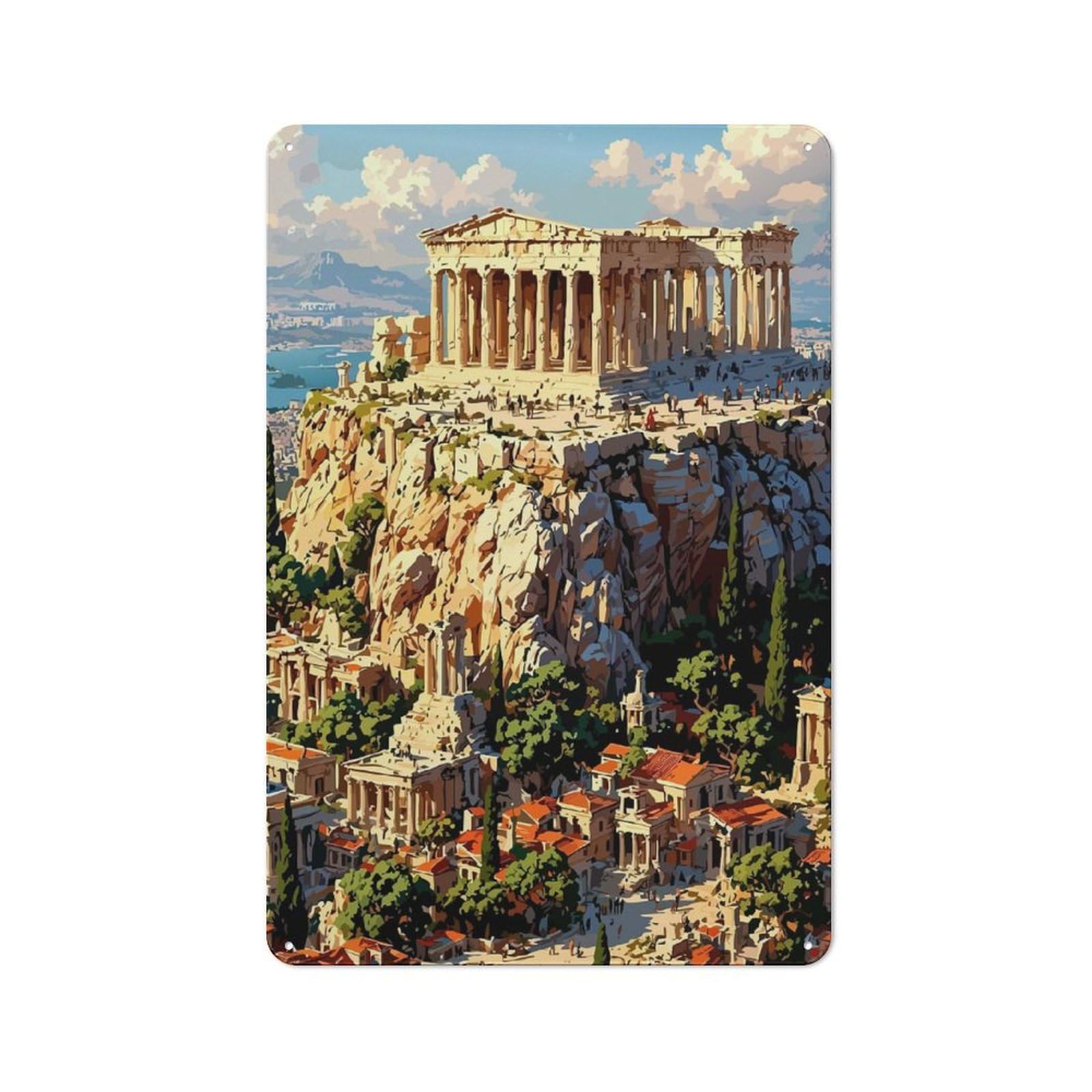 Junmoney Style-3 Vintage Tin Sign 30X20cm With Acropolis Of Athens Illustration(2) For Bar Or Restaurant, Suited To Bar Decor Enthusiasts