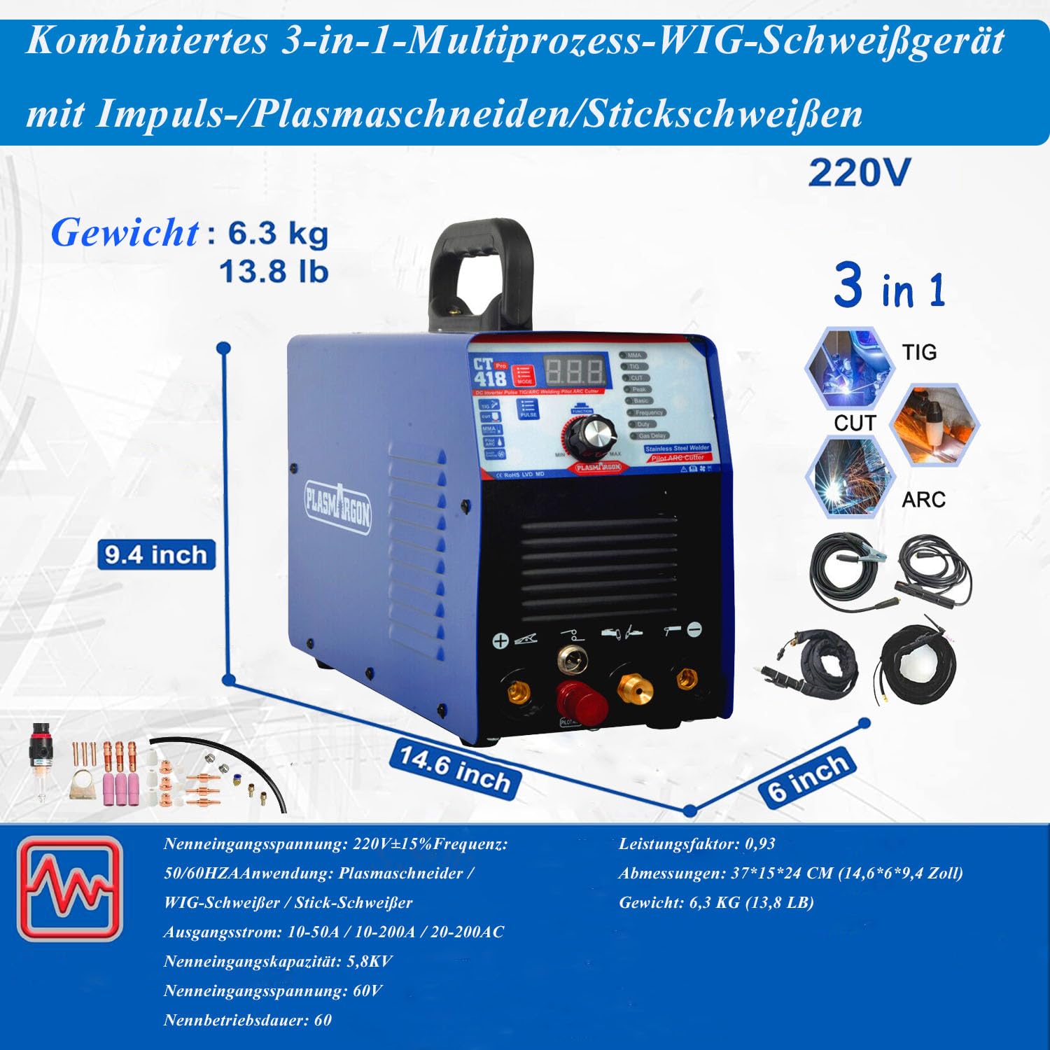 3 in 1 Combo Pilot Arc Plasmaschneider WIG Schweißgerät MMA Wechselrichter Kombischweißgerät Plasmaschneider TIG MMA | IGBT | Digitale LCD Anzeige | HF-Zündung CT418P