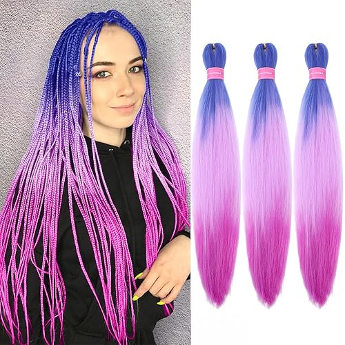 MSCHARM Cabello trenzado degradado de 26 pulgadas, 3 paquetes de cabello trenzado de color preestirado de alta temperatura, cabello trenzado de