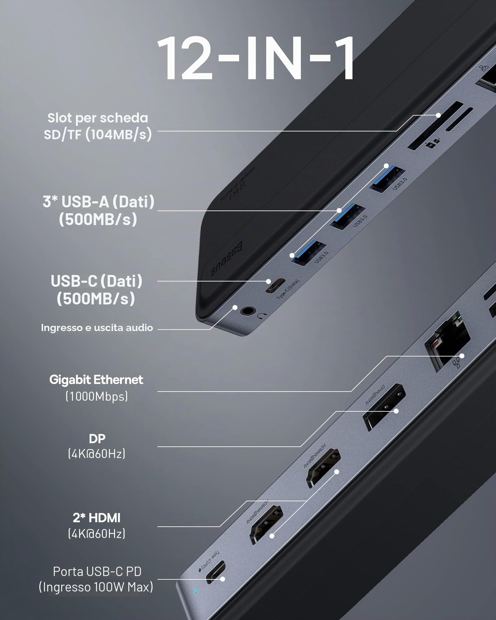 Baseus Docking Station Triple Display 12 in 1 con 2 lettori HDMI 4K, DP, 100 W PD, 3 USB 3.0, 1 USB C, Gigabit Ethernet, SD e TF Card Reader per MacBook/Dell/HP/Surface/Steam Deck