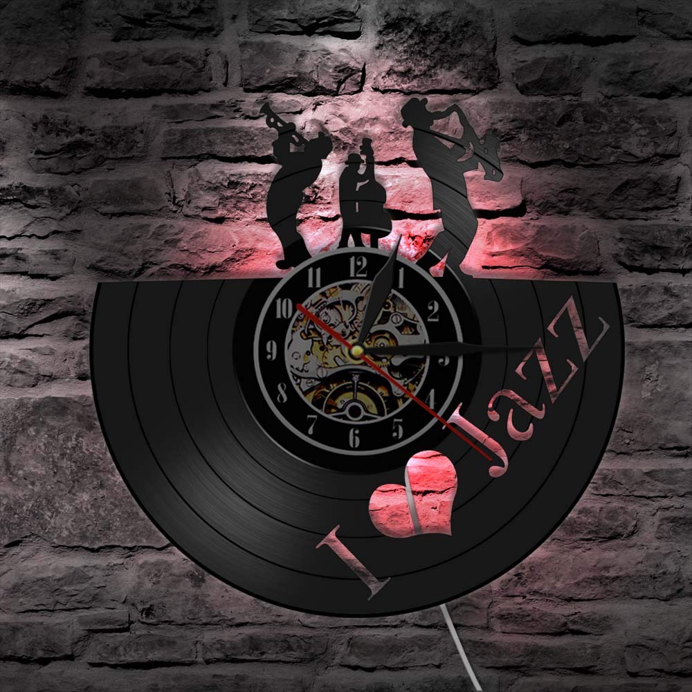 Lettore di musica jazz Orologio da parete Blues Jazz Nota musicale Orologio da parete con dischi in vinile Decorazione artistica Regalo fatto a mano per gli amanti del jazz Orologi da parete appesi