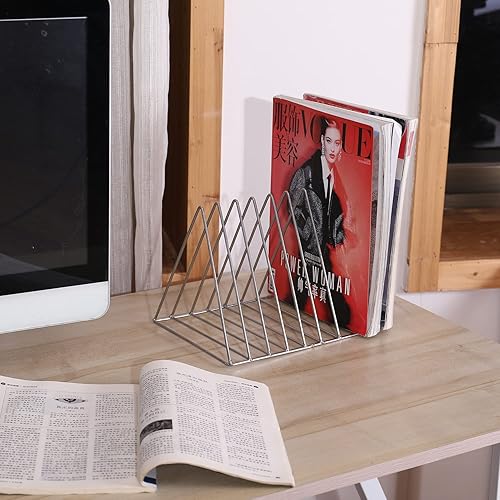Miniatura 3 de Sooyee Paquete de 2 revistas plateadas de 9 ranuras, organizador clasificador de archivos de escritorio, decoración de estantería triangular,