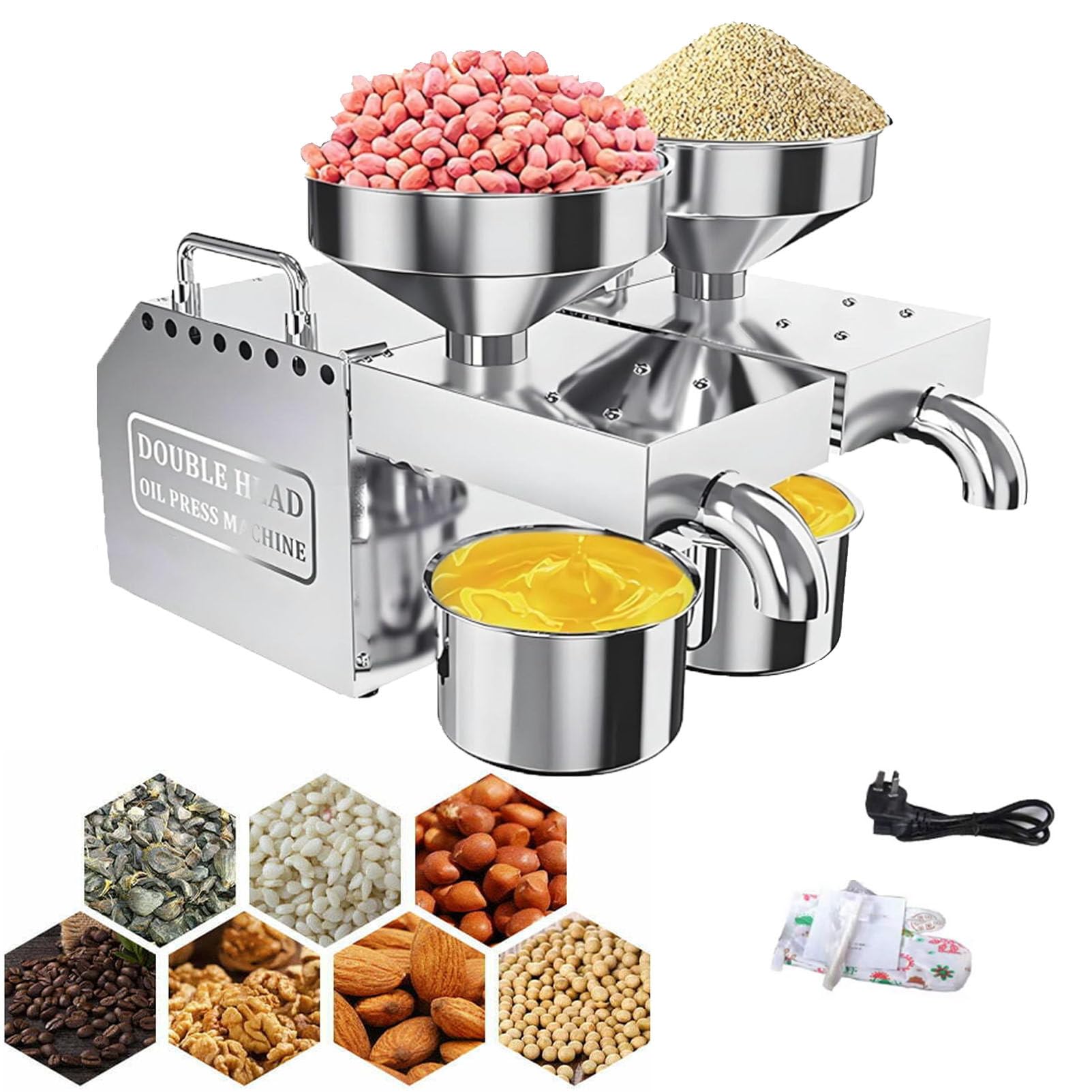 Pfps Stainless Steel Oil Press Mill Machine, Cold & Hot Press Extractor for Peanut, Sesame, Sunflower, Coconut, Soybean Seeds, Home Use