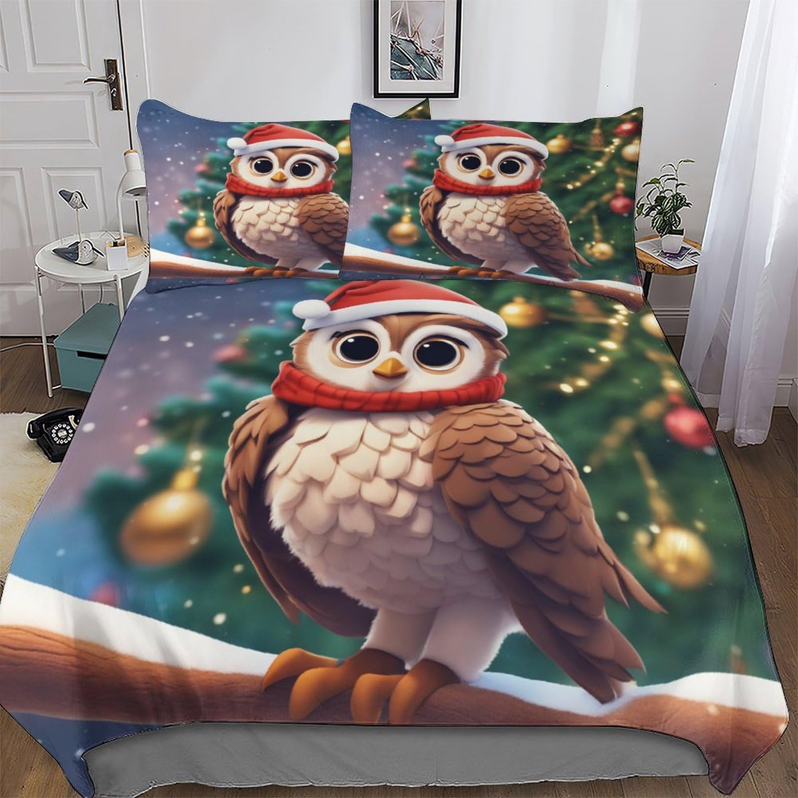 Housse de couette hibou pour chambre d'enfant parure de lit 3 pièces lit double