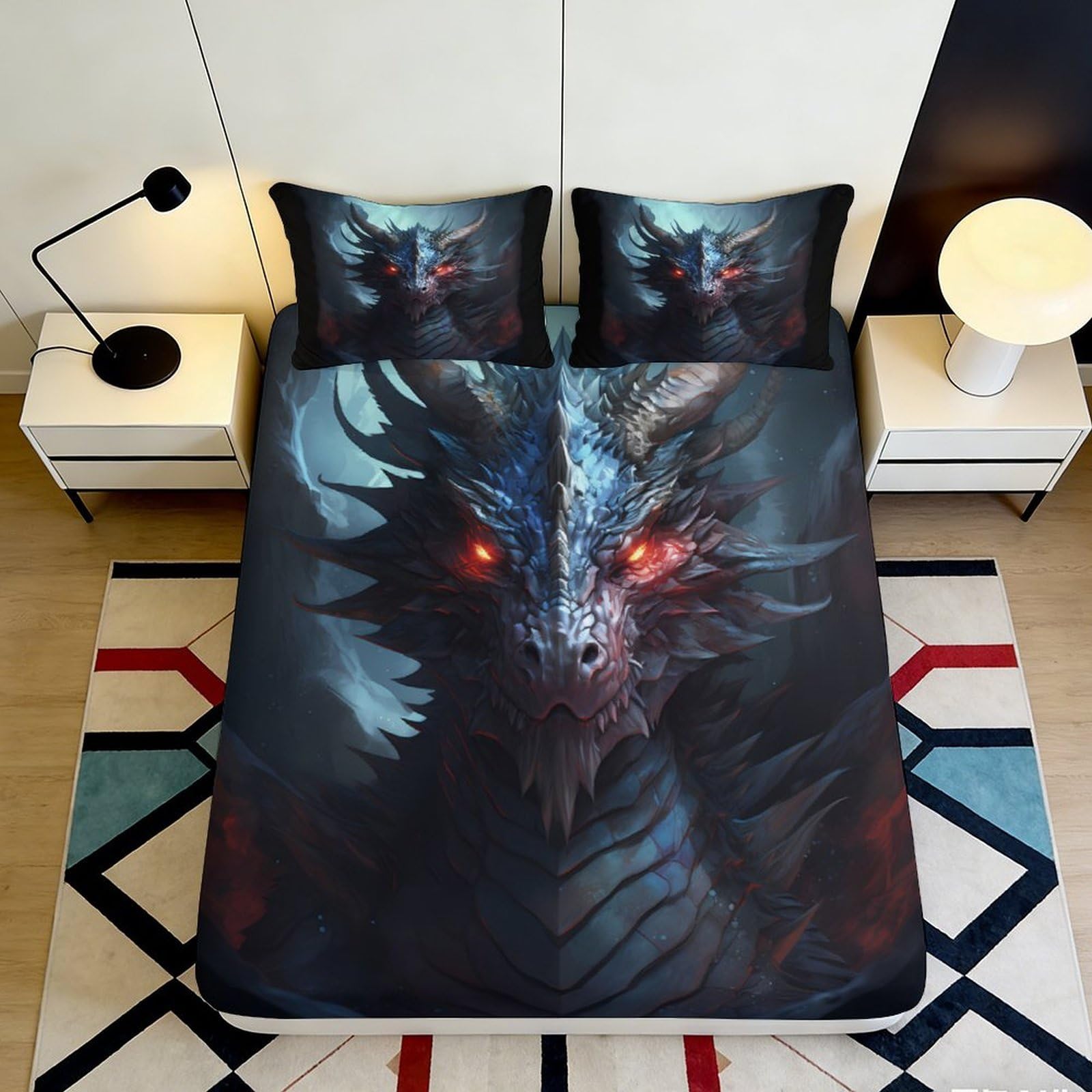 3D Printed Dark Dragon Fitted Sheet Microfiber Soft Breathable Fiery Eyes Bed Cover for Bedroom Dormitory Guest Room Mattress Protection Decor 200x200x25cm