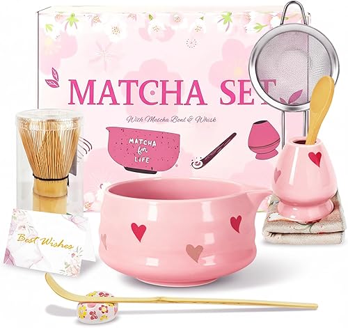 Miniatura 10 de Juego de 8 piezas de cerámica con batidor, soporte para kit de té matcha, cuchara de bambú, tamiz, toalla incluida, regalo del día de San Valentín