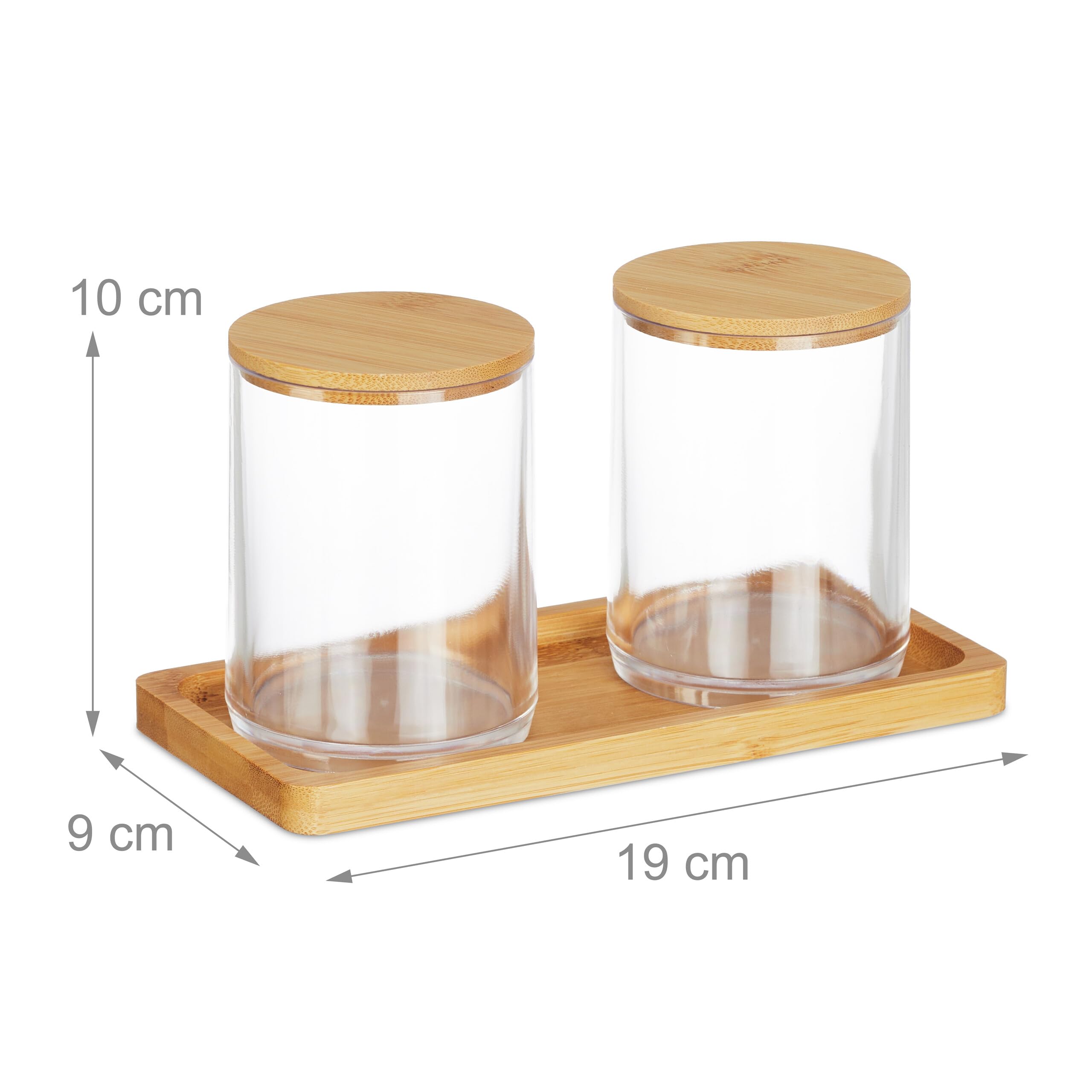 Relaxdays Wattestäbchenbehälter mit Tablett, 2 Becher m. Deckel, Kosmetik Organizer Kunststoff/Bambus, transparent/natur, Durchsichtig, Clear, Natural (Packung mit 4)