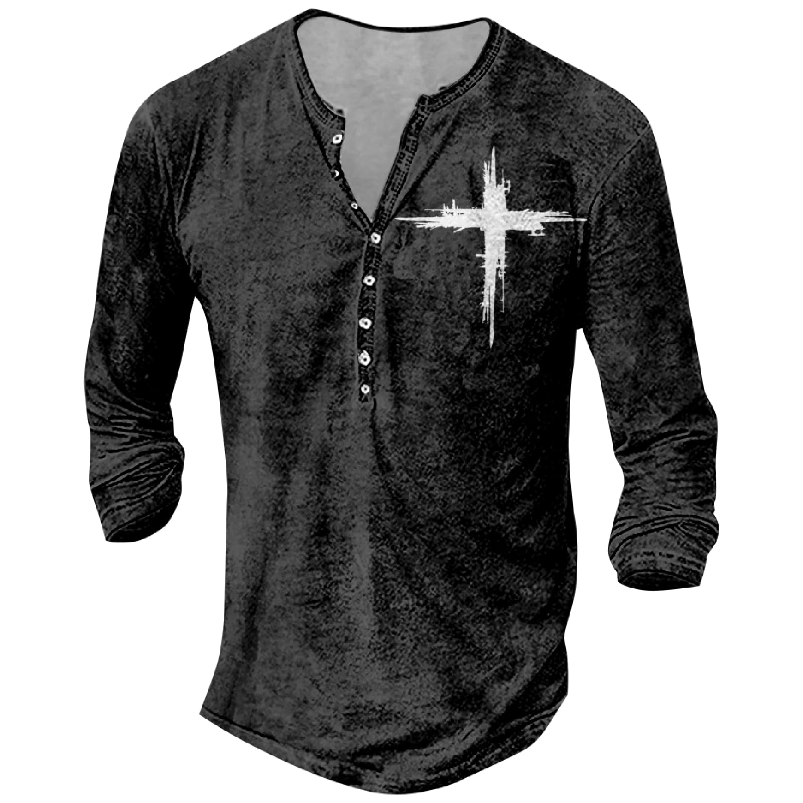 Mens Retro Henley Shirt V Neck Cross Print T-Shirt Long Sleeve Comfy Casual Button Down Shirts Fall Streetwear