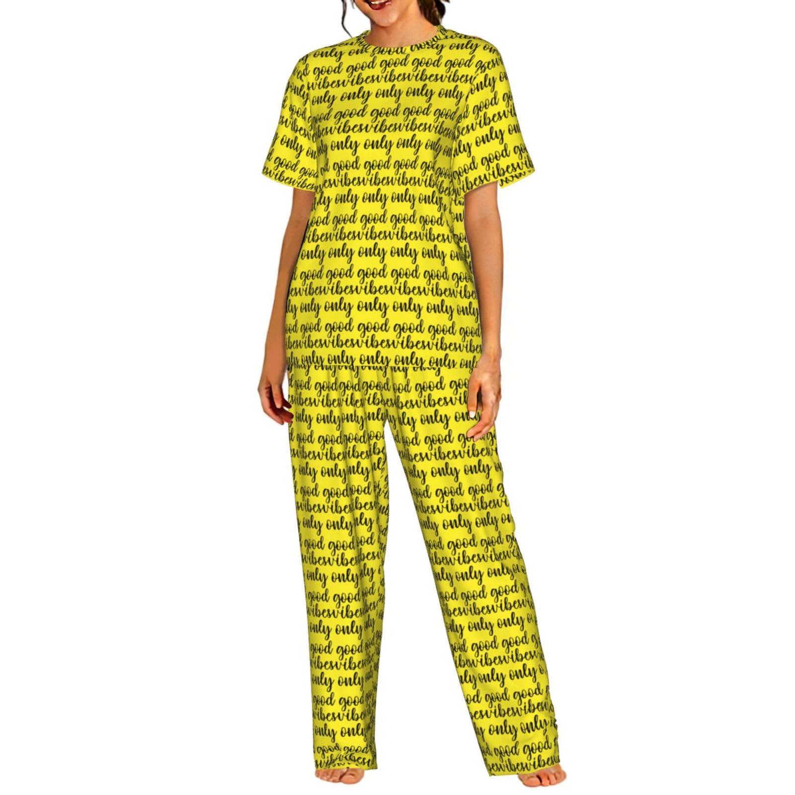 Good Vibes Only Print damska piżama z krótkim rękawem zestaw bielizna nocna letnia miękka wygodna domowa bielizna nocna