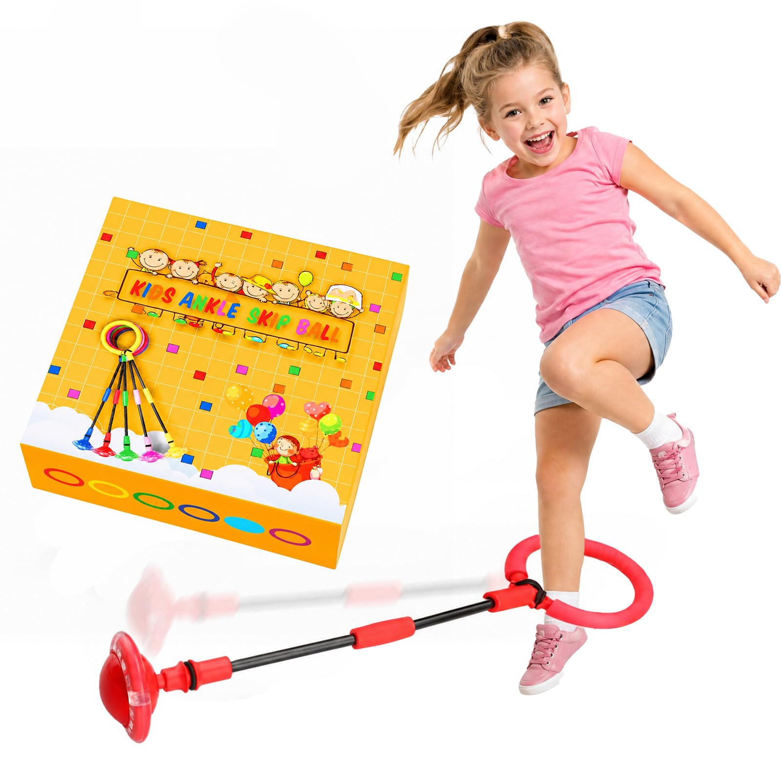 1 Pack Red Ankle Skip Ball with Flashing Wheels, Foldable Outdoor Sports Toy, Fun Garden Games for Kids Girls Birthday Gifts Age 5 6 7 8 9 10+