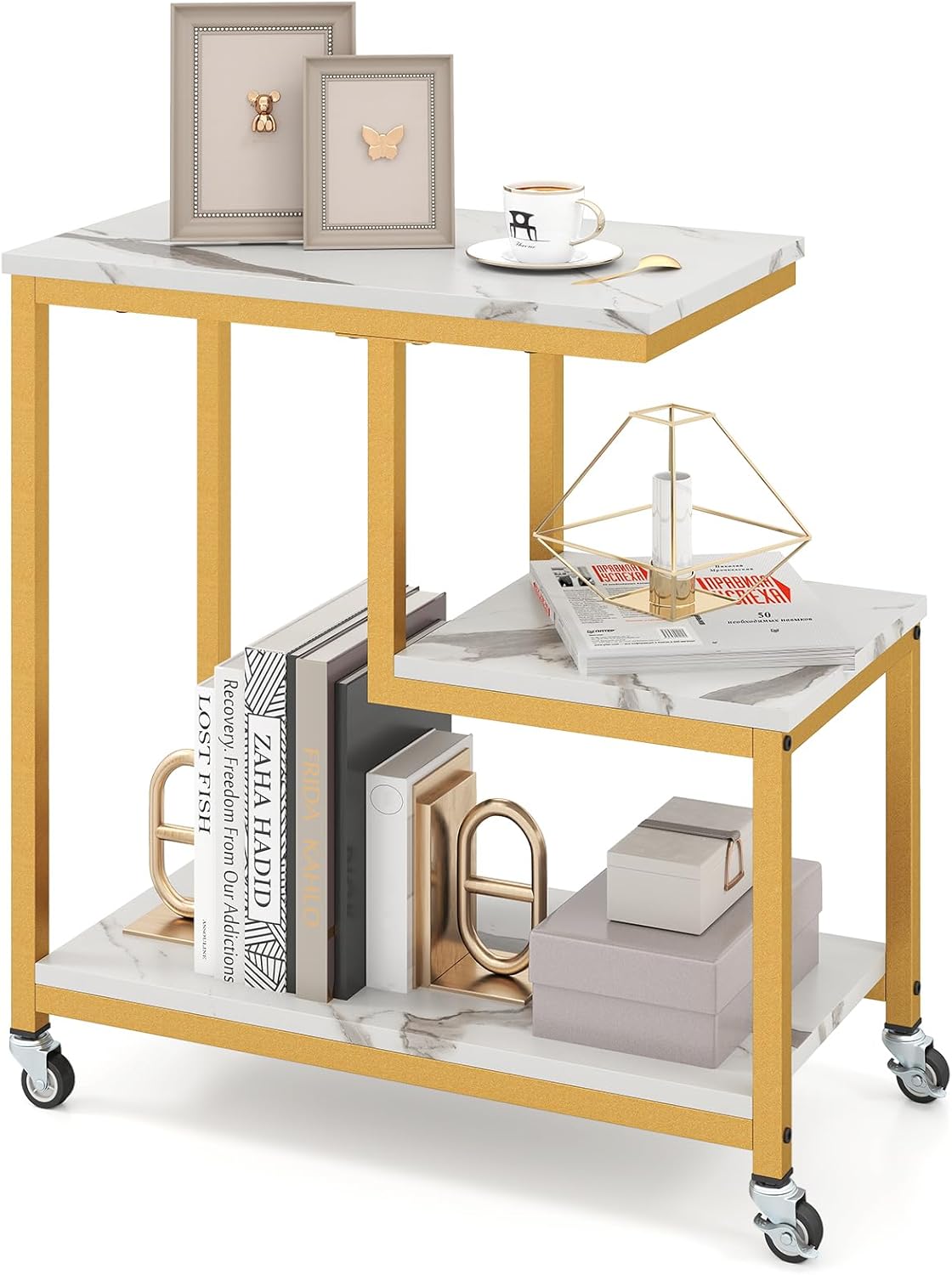 Giantex 3-Tier Side Table with Wheels, G-Shaped Mobile End Table with Open Shelves & Metal Frame, Rolling Sofa Couch Table for Living Room Bedroom Office, White & Gold