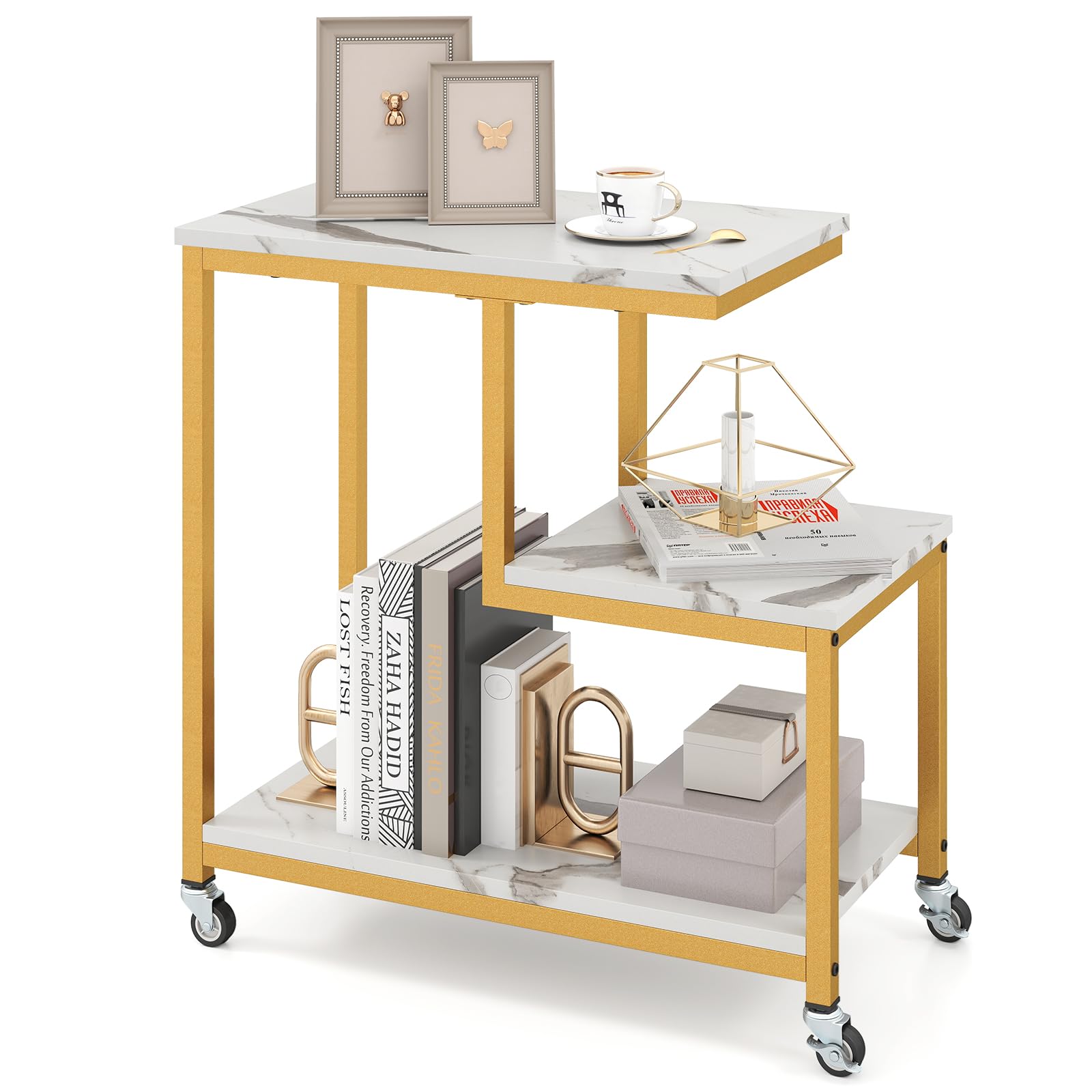 COSTWAY G-Shaped Side Table, 3-Tier Rolling Bedside Snack Sofa End Table with Lockable Wheels, Modern Metal Frame Laptop Holder Display Storage Rack for Living Room Bedroom (White + Gold)